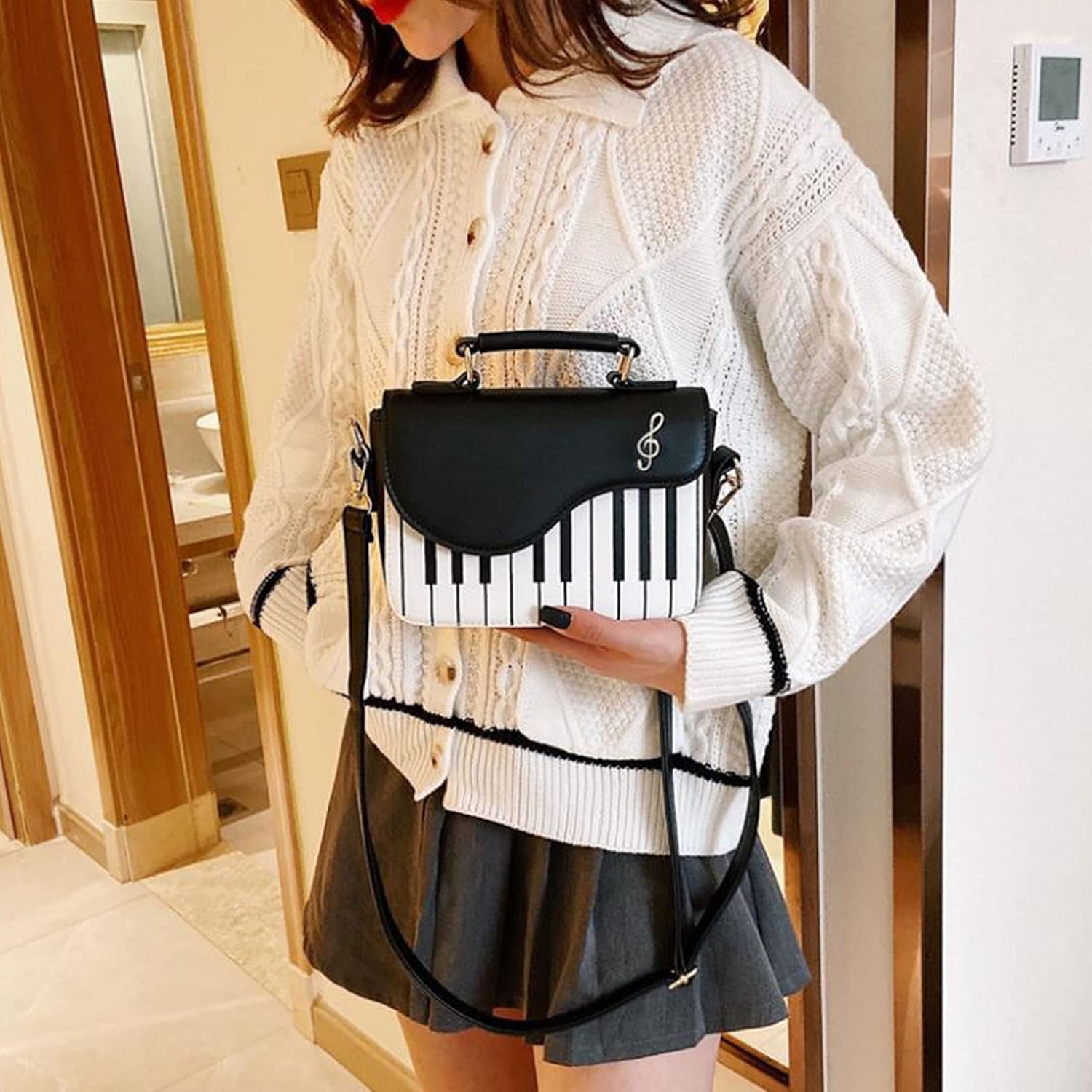 Women Piano Pattern Music Note Top Handle Satchel Mini Size Crossbody Tote Bag Purse - Image 2