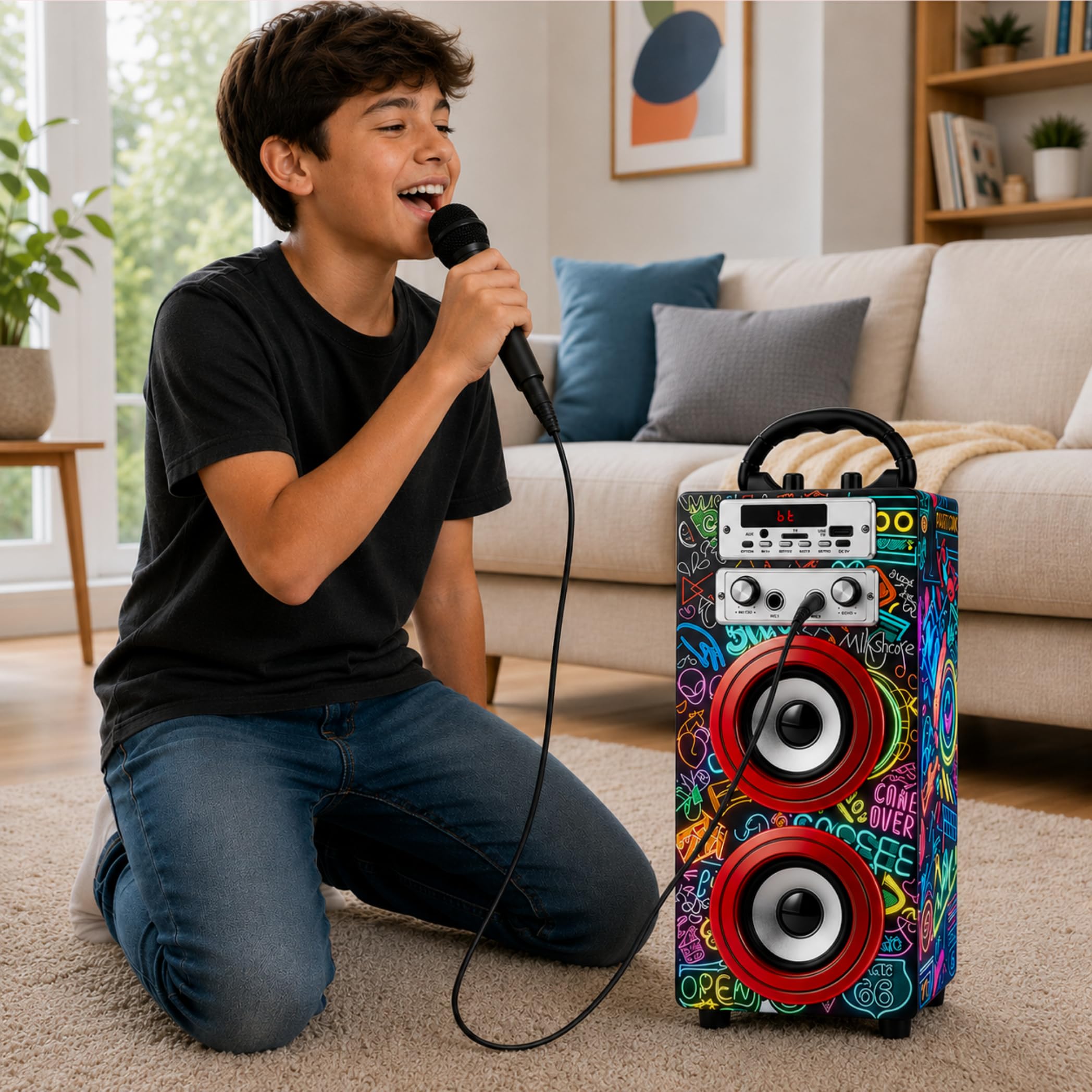 DYNASONIC Macchina Karaoke Portatile, 2 Microfoni, Altoparlante Bluetooth, Luci, Lettore USB e SD (025-21 lights)