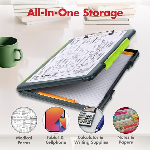 Dexas Legal Size XL Slimcase 2 Storage Clipboard, Gray with Green Clip, 15.5 x 10.5