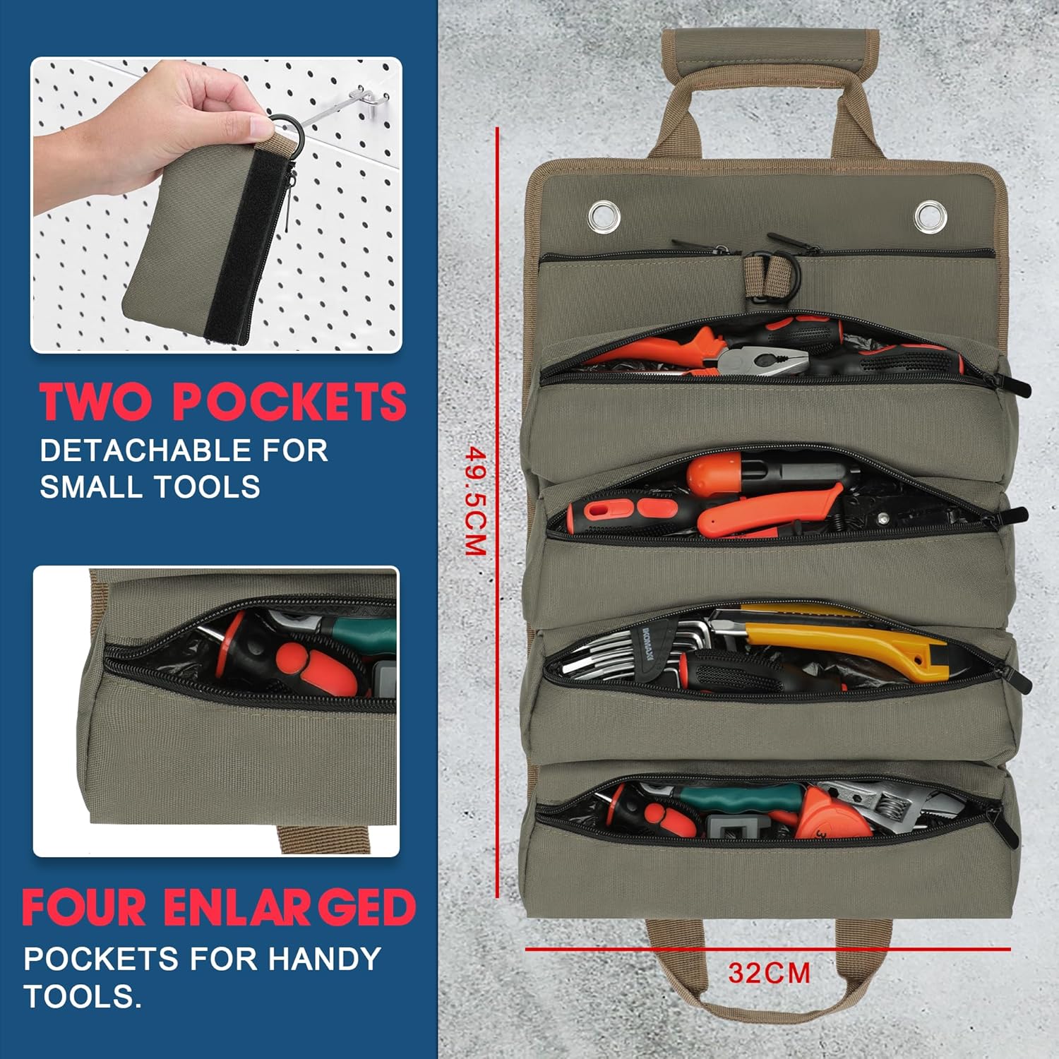 BAQRAXIA Tool Bag Gifts for Husband Him, Roll Up Small Tools Box Storage, Tool Gifts for Men Dad Boyfriend Grandpa, Presents for Birthday, Heavy Duty Tool Organizer with 2 Pouch