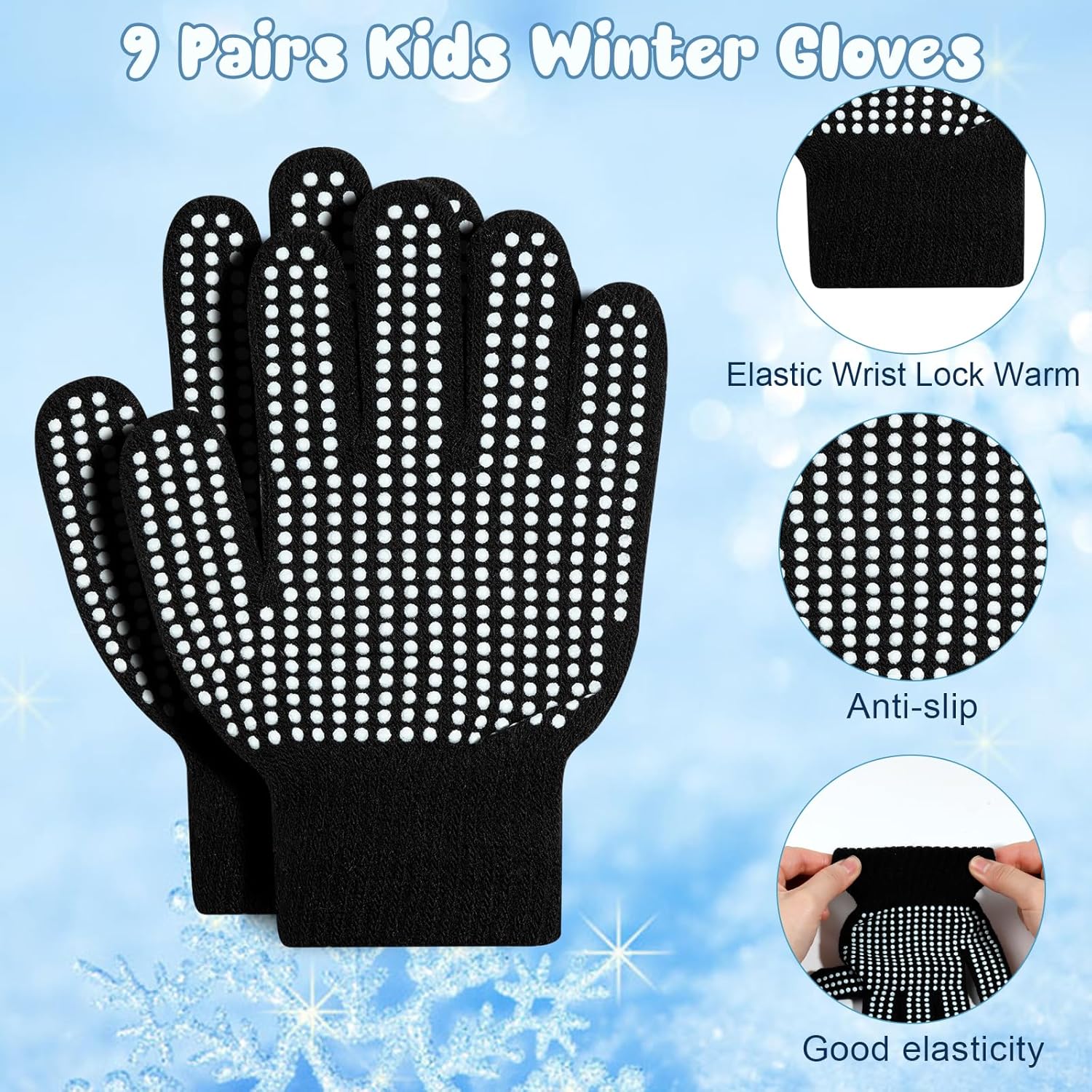 ONESING 9 Pairs Kids Gloves with Grips - Stretchy Kids Knit Gloves Winter Gloves for Boys Girls - Children Gloves for Winter - Image 2