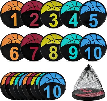 Basketball Spot Marker, 9" Colorful Anti-Slip Rubber Sports Training Markers, 5 or 10-Pack, Round Flat Floor Markers with Number Dots for Teaching & Training