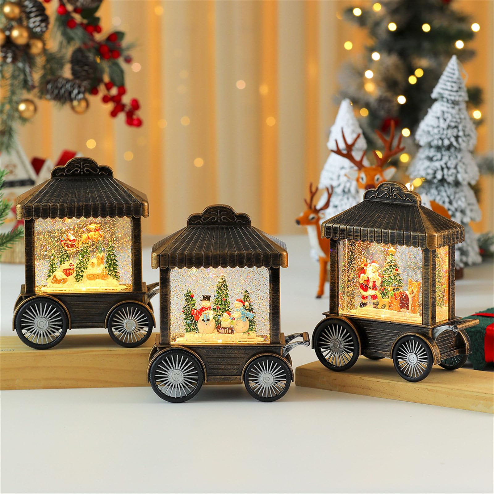 Weihnachtsfigur-Spieluhr aus Kunstharz, Wagen mit Schneefall, Tischdekoration, für Kinder, Erwachsene, Geburtstag, Schnee-Dekoration