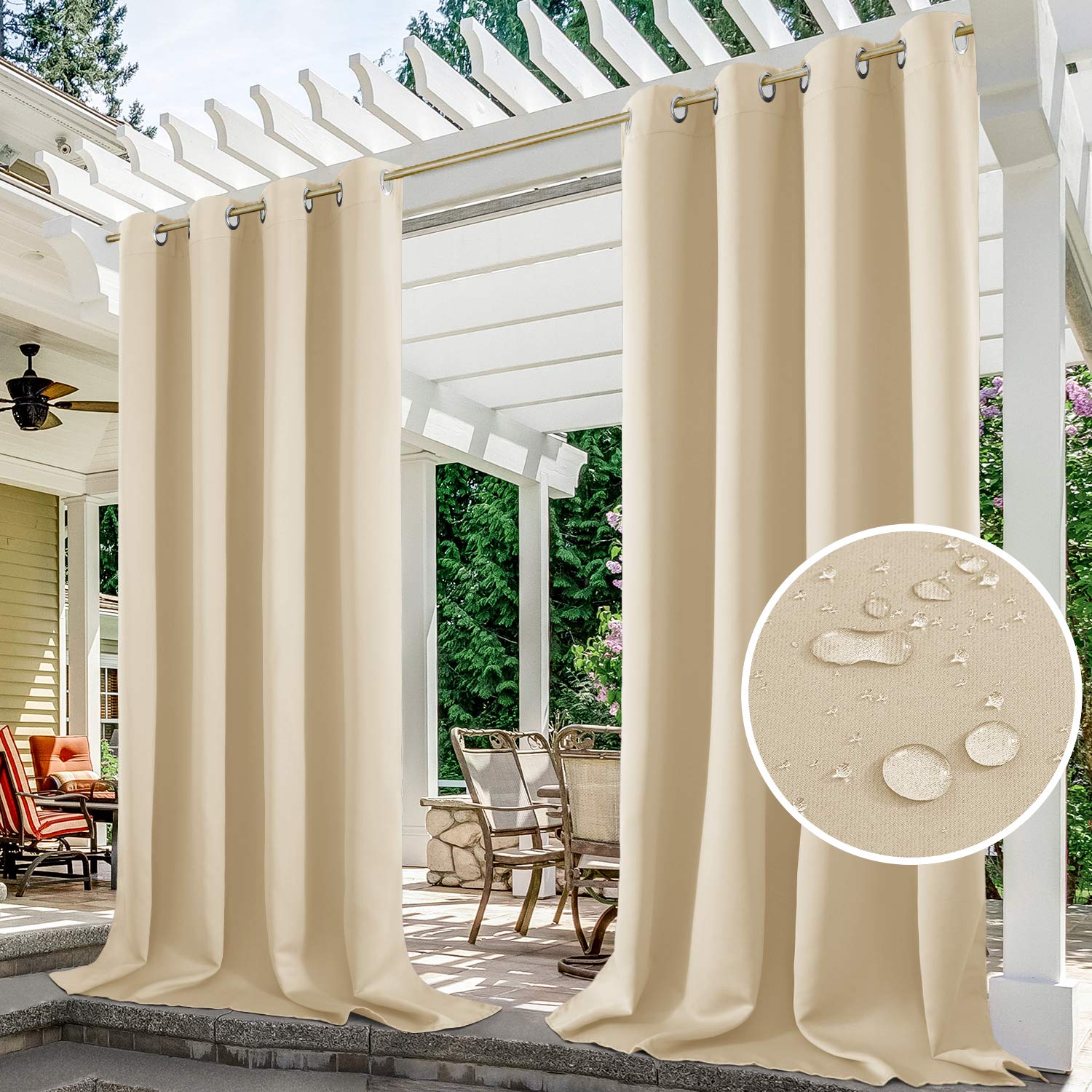 HOMEIDEAS 2 Panels Beige Outdoor Curtain 