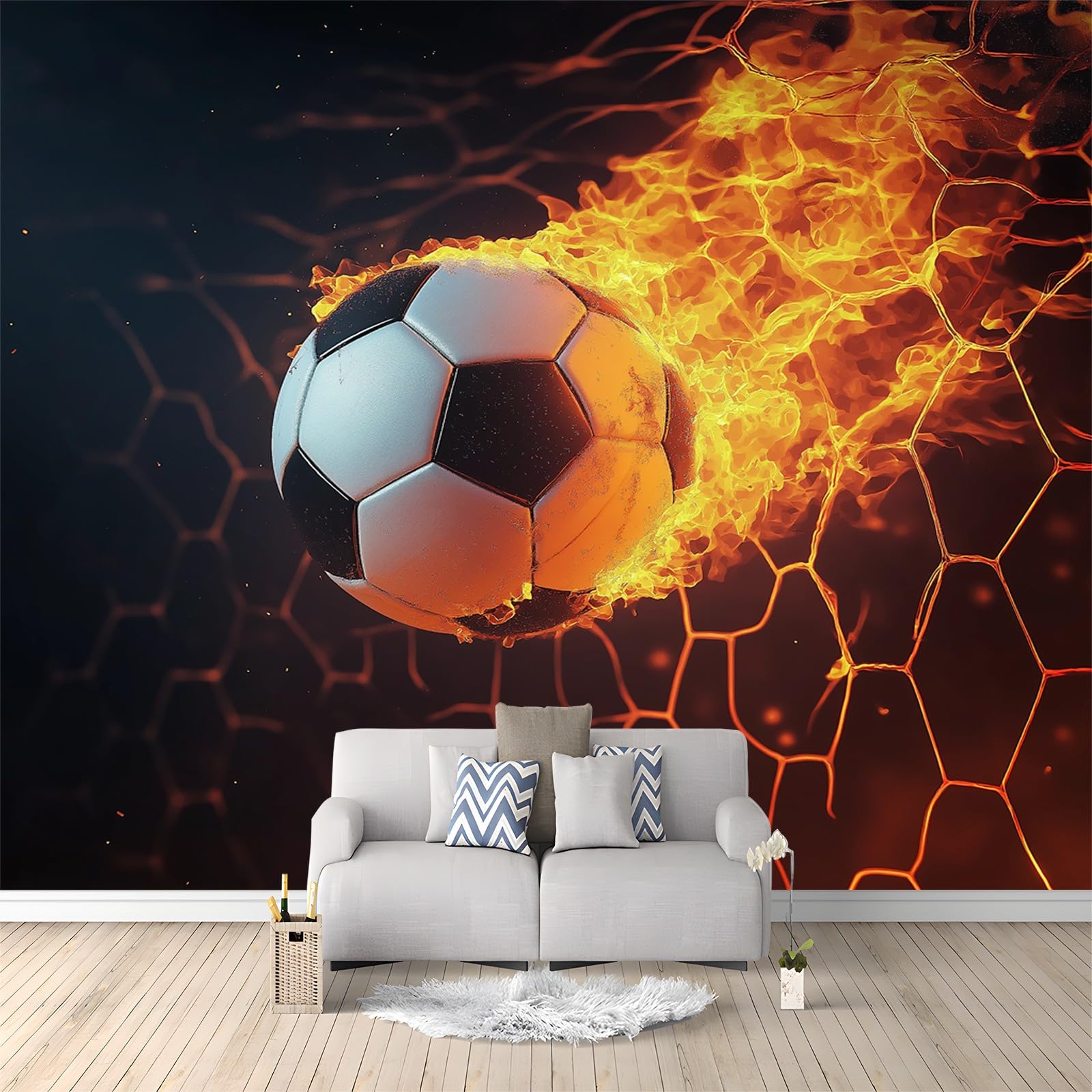 Papier peint panoramique football en flammes 200x140 cm pour salon et bureau rouge