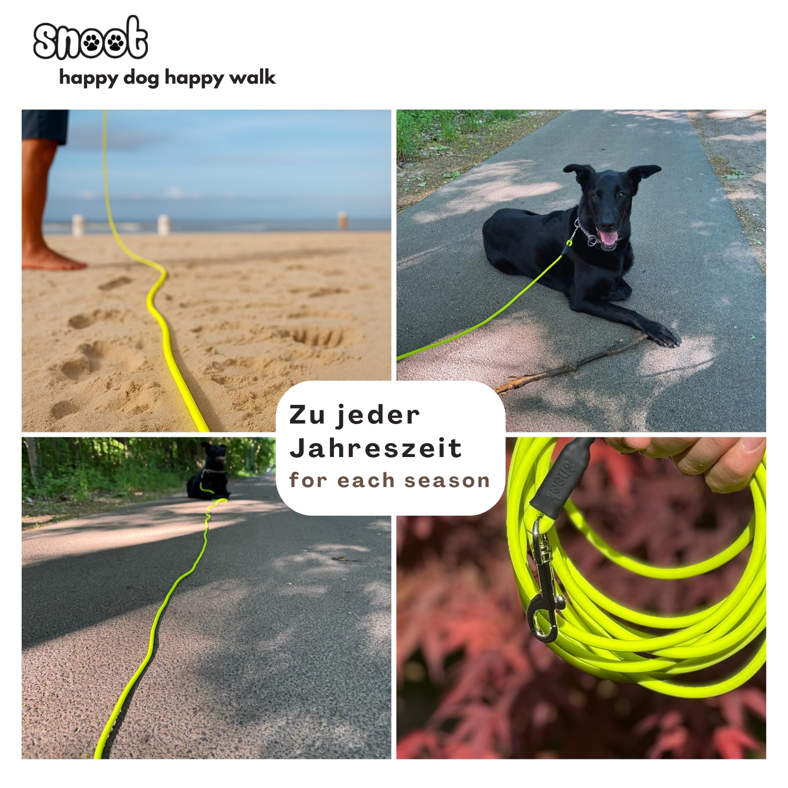 10m sleeplijn, hondenriem, 1 karabijnhaak, neongeel, extra