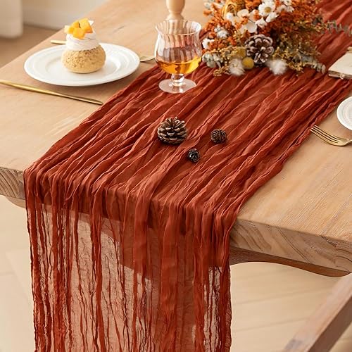 Miniatura 1 de FEXIA Paquete de 10 caminos de mesa color terracota de 35 x 120 pulgadas, camino de mesa de gasa naranja quemada rústica para decoración de boda,