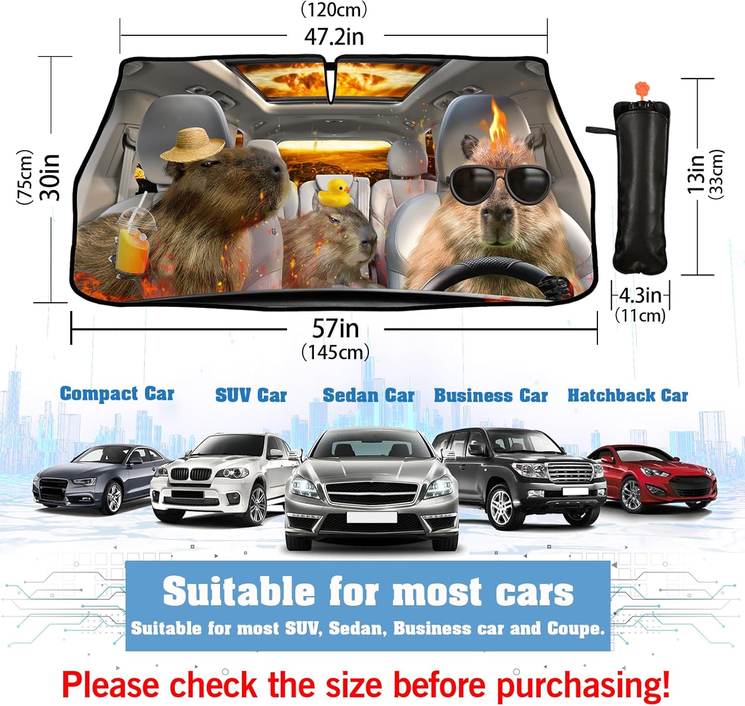 Funny Capybara Car Umbrella Sun Shade Cover Funny Leisurely Capybara Foldable Car Windshield Sun Shade Umbrella Block UV Rays Heat Keep Vehicle Cool for Cars SUV Trucks 57"x30"
