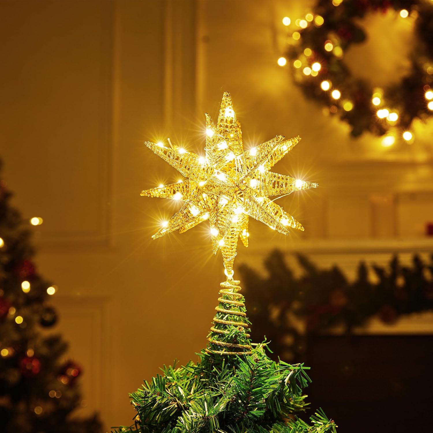JOIEDOMI 7.8" Metal 3D Star Christmas Tree Topper Golden Glitter Decorations with 56 LED Warm White with Plug Timer Ornaments Treetop Home Holiday Party Indoor Decor