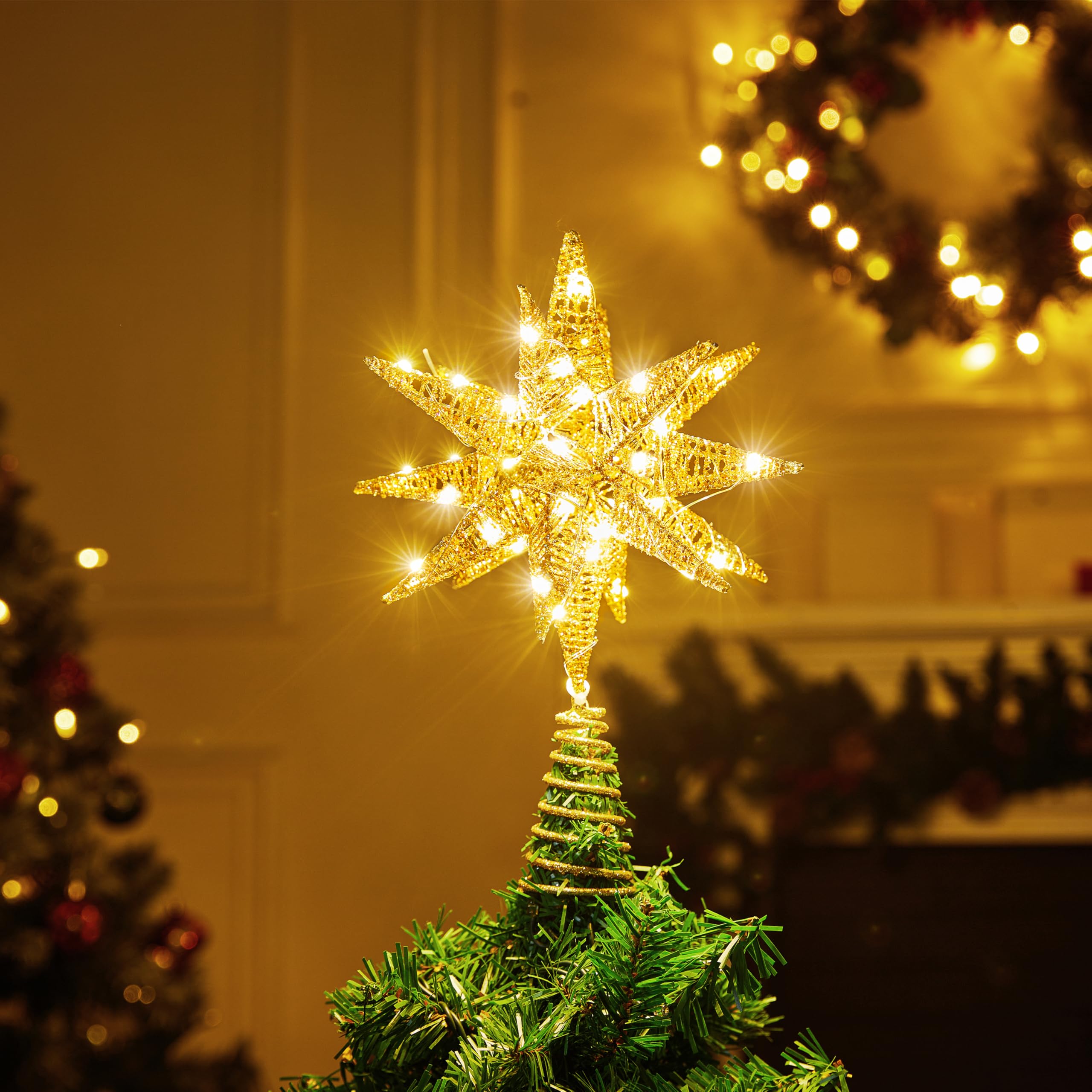 JOIEDOMI Cimier de sapin de Noël en métal 3D pailleté de 27,9 cm, blanc chaud, 36 LED avec prise minuteur, décoration de sapin de Noël, décoration d'intérieur