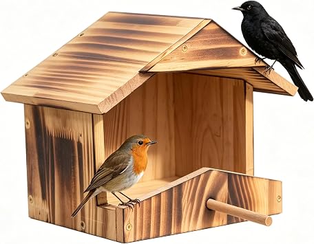 Handcrafted Solid Wood Robin Nesting Box Outdoor Bird House for Garden, Backyard & Patio, Attracts Robins, Blackbirds & Finches Easy to Mount & Clean