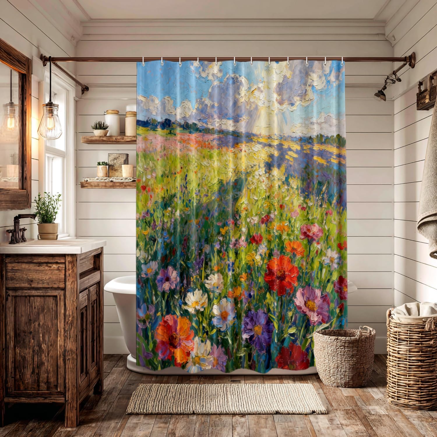 Batmerry Claude Monet Artwork Decor Shower Curtain,Garden Painting Flowers Red Poppies Bathroom Decor Polyester Fiber Plastic Rings Quick-Drying Waterproof for Bathtubs/Bathroom, 72x72 inches