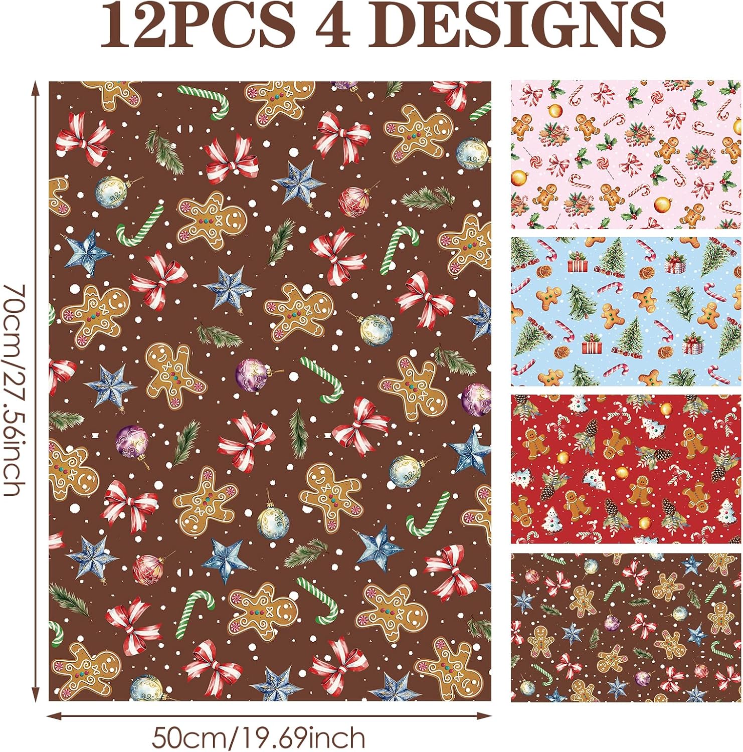 TAKEALOOKO Christmas Gingerbread Wrapping Paper - 12 Sheets Vintage Candy Cane & Snowflake Xmas Gift Wrap for Holiday Birthday Party Winter Celebration, 19.7 x 27.6 Inch