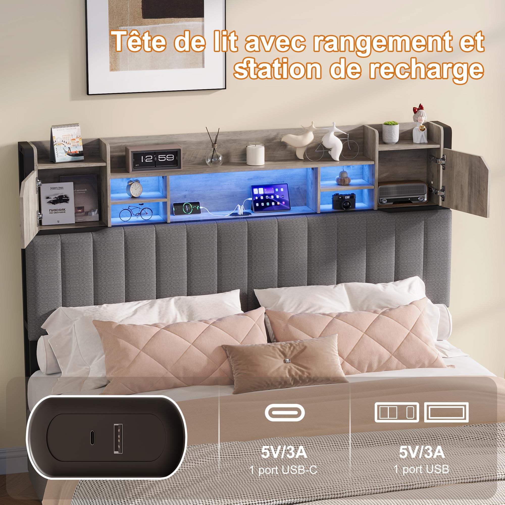 LONELYO Lit Coffre 160x200 avec Sommier LED et USB, Tête de Lit Capitonnée en Bois, Cadre en Lin Moderne, 4 Tiroirs Coulissants, Gris