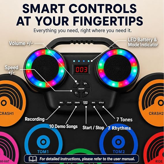 Electronic Drum Kit 9 Pads, Roll-up Practice Drum Set and Drumsticks, 10H Playing With Built-in Dual Speaker, USB MIDI Jack for Beginner, Hoilday Birthday Gift