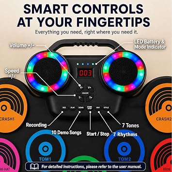 Electronic Drum Kit 9 Pads, Roll-up Practice Drum Set and Drumsticks, 10H Playing With Built-in Dual Speaker, USB MIDI Jack for Beginner, Hoilday Birthday Gift