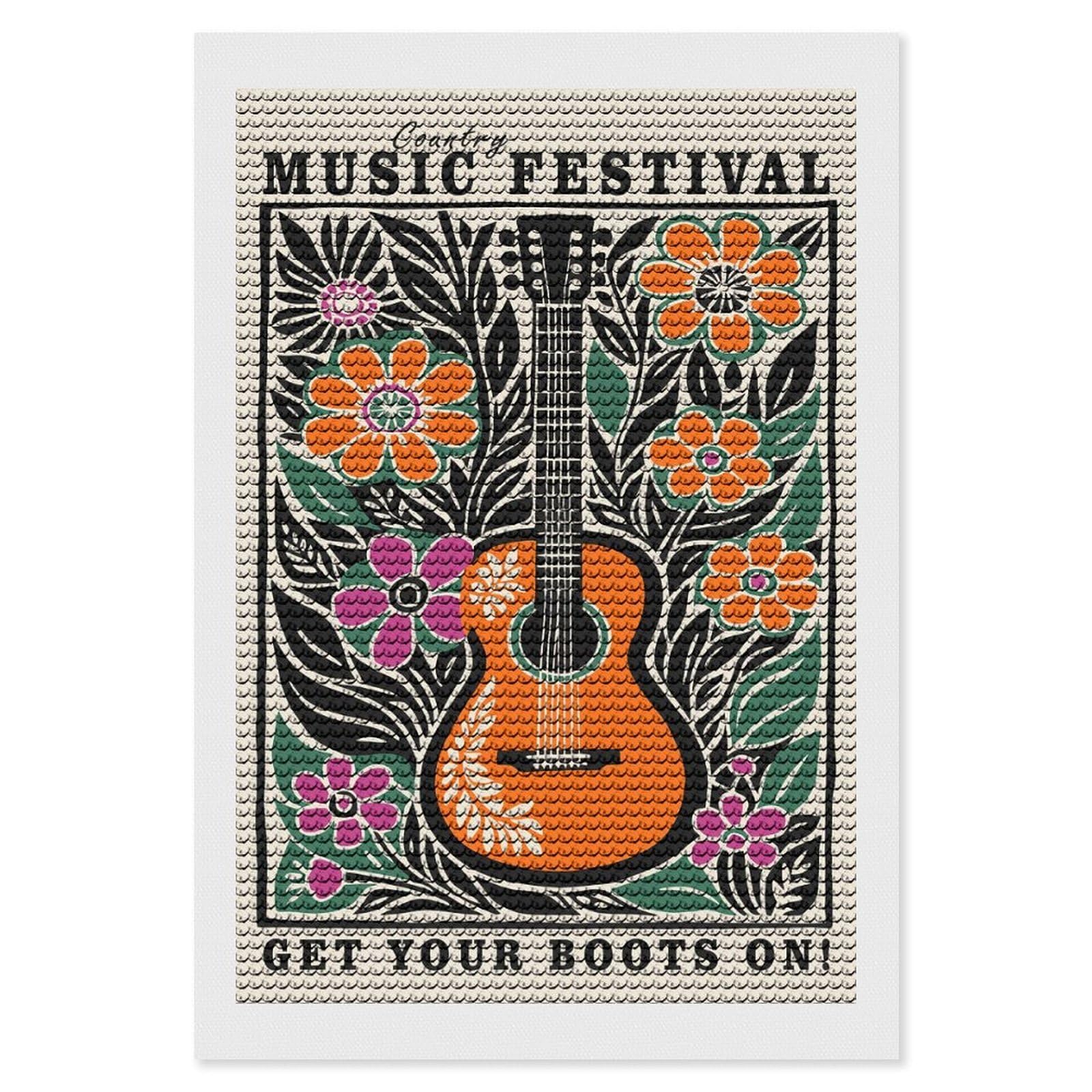 Junmoney Country Music Festival Guitar Floral Art DIY Diamond Art Canvas Kit 8"x12", Adhesive Canvas, Easy to Enjoy, Farmhouse Decor, Festive Craft Gift