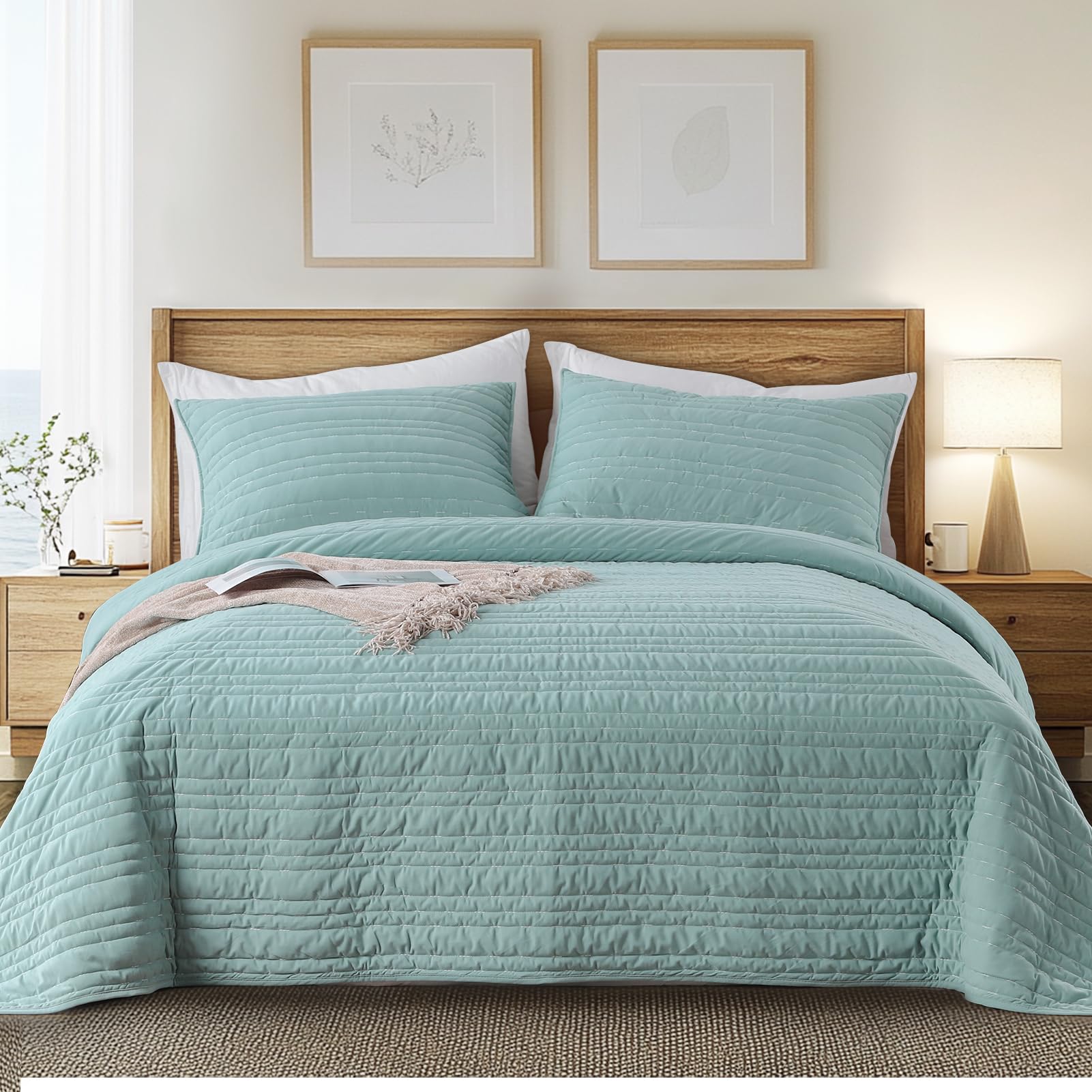 KASENTEX Queen Size Velvet Quilt Set,3 Pieces Ultra Soft Bedspread,Lightweight Coverlet with 2 Pillow Shams, Luxury Bed Blanket, Elegant Stitch Design