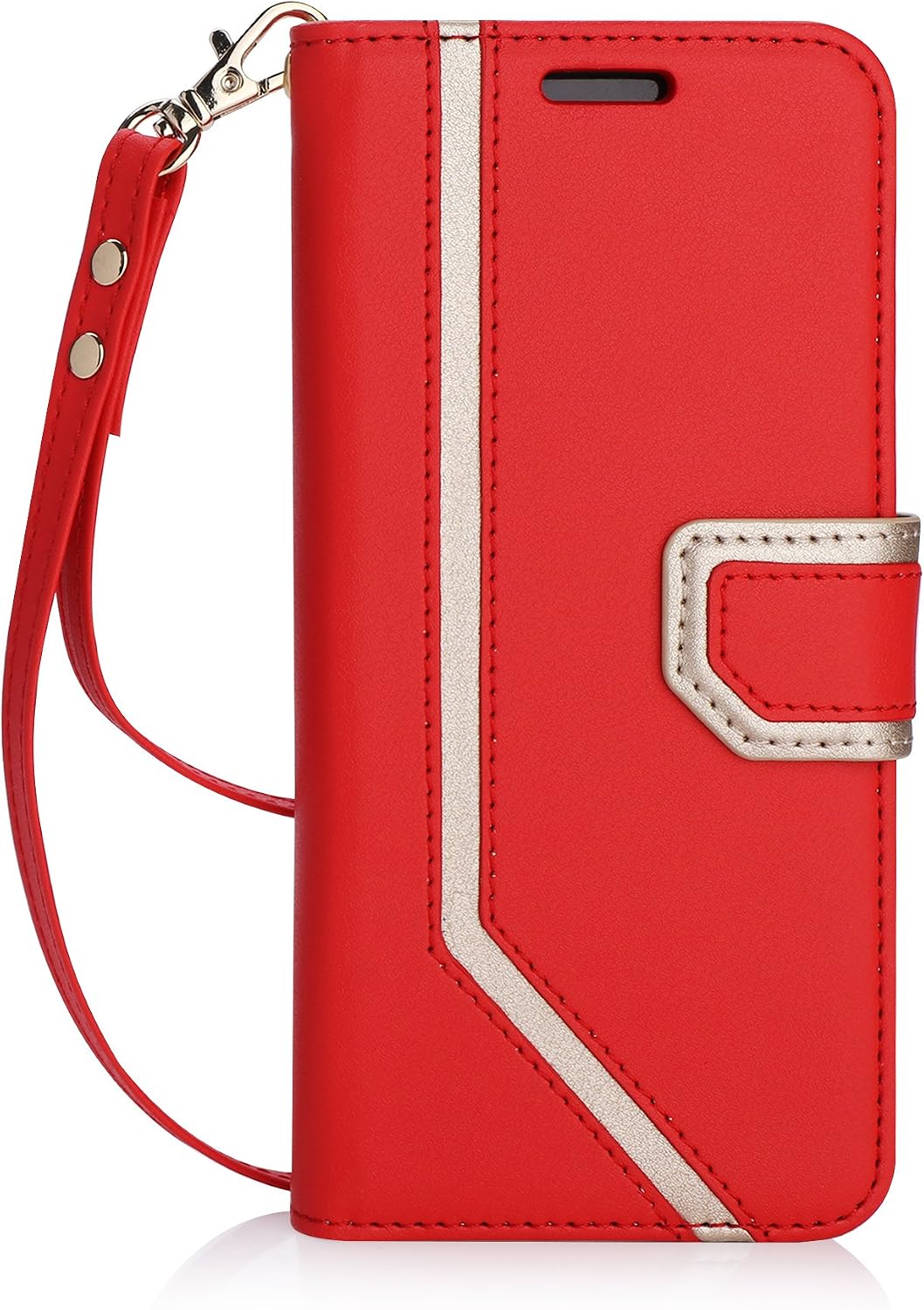 FYY Leather Case with Mirror for Samsung Galaxy S8 Plus, Leather Wallet Flip Folio Case with Mirror and Wrist Strap for Samsung Galaxy S8 Plus Red