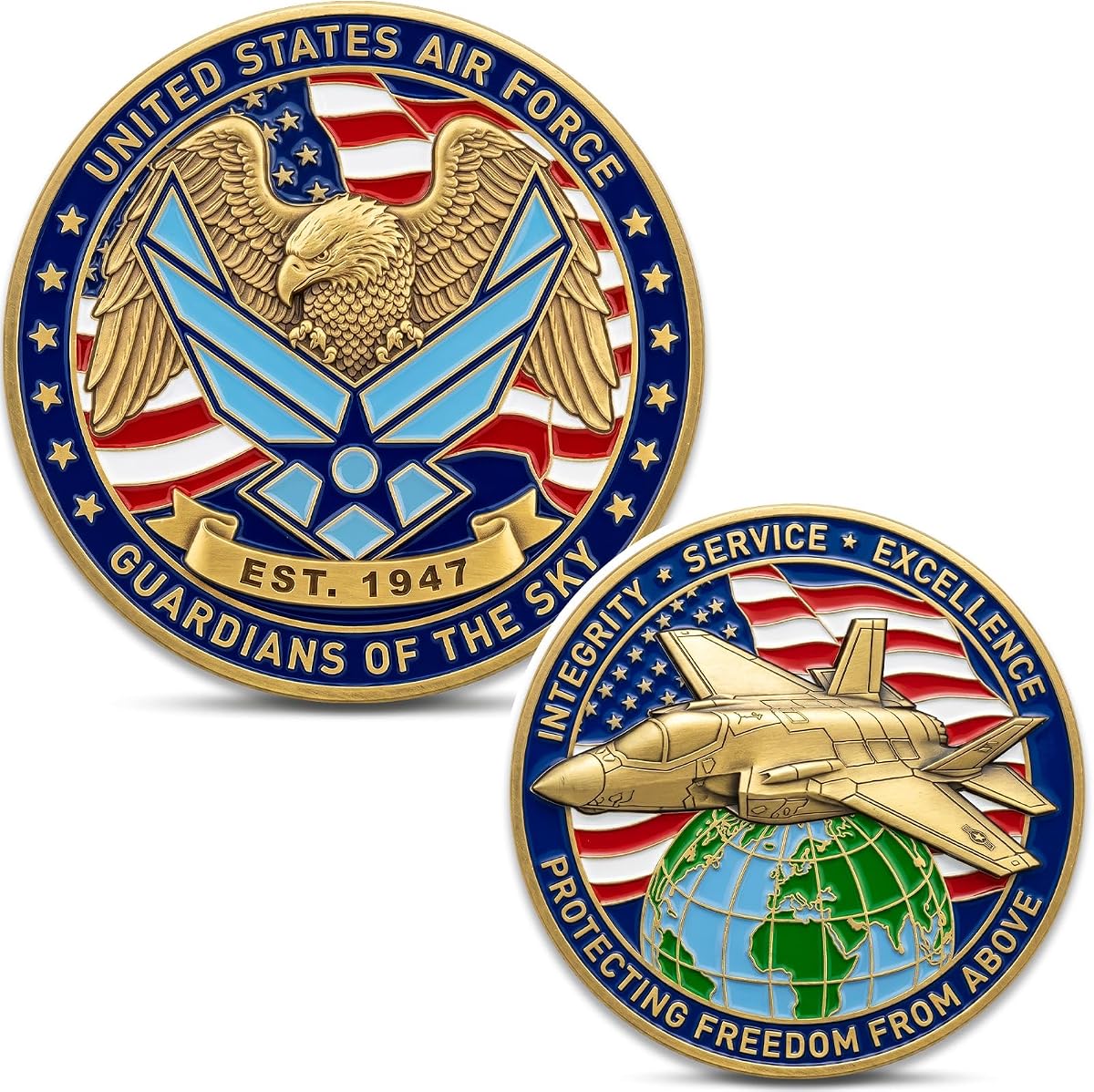 US Air Force Challenge Coin, 3D Dual-Sided Patriotic Military Design Coin | Air Power & Freedom Tribute, Detailed Eagle, Aircraft, Globe and Flag Artwork, Patriotic Gift for Veterans and Men