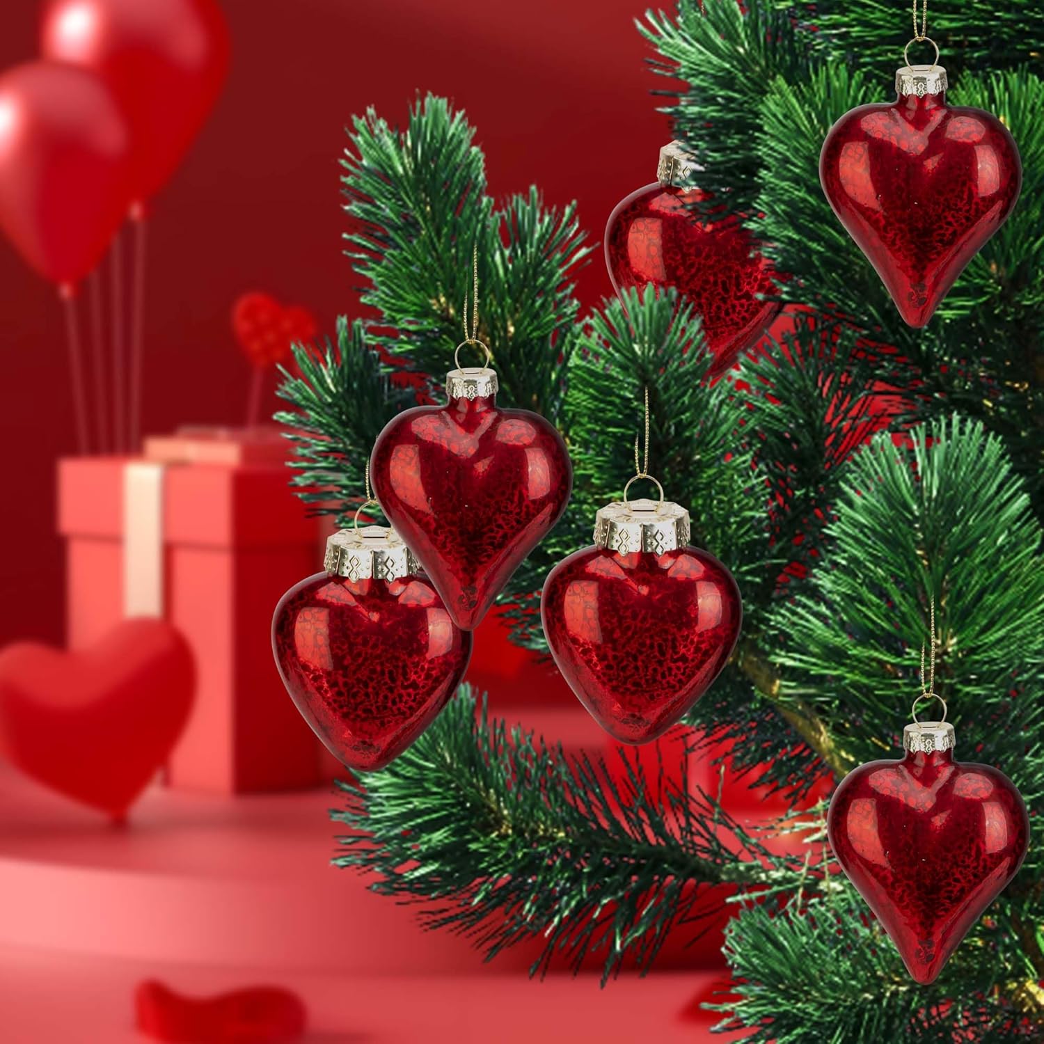 6 Pcs Valentine's Day Heart Glass Ornaments, 2 Style Antique Red Mercury Glass Heart Ornament, Romantic Love Hearts Shaped Baubles for Party Valentines Wedding Anniversary Christmas Tree Decor - Image 4