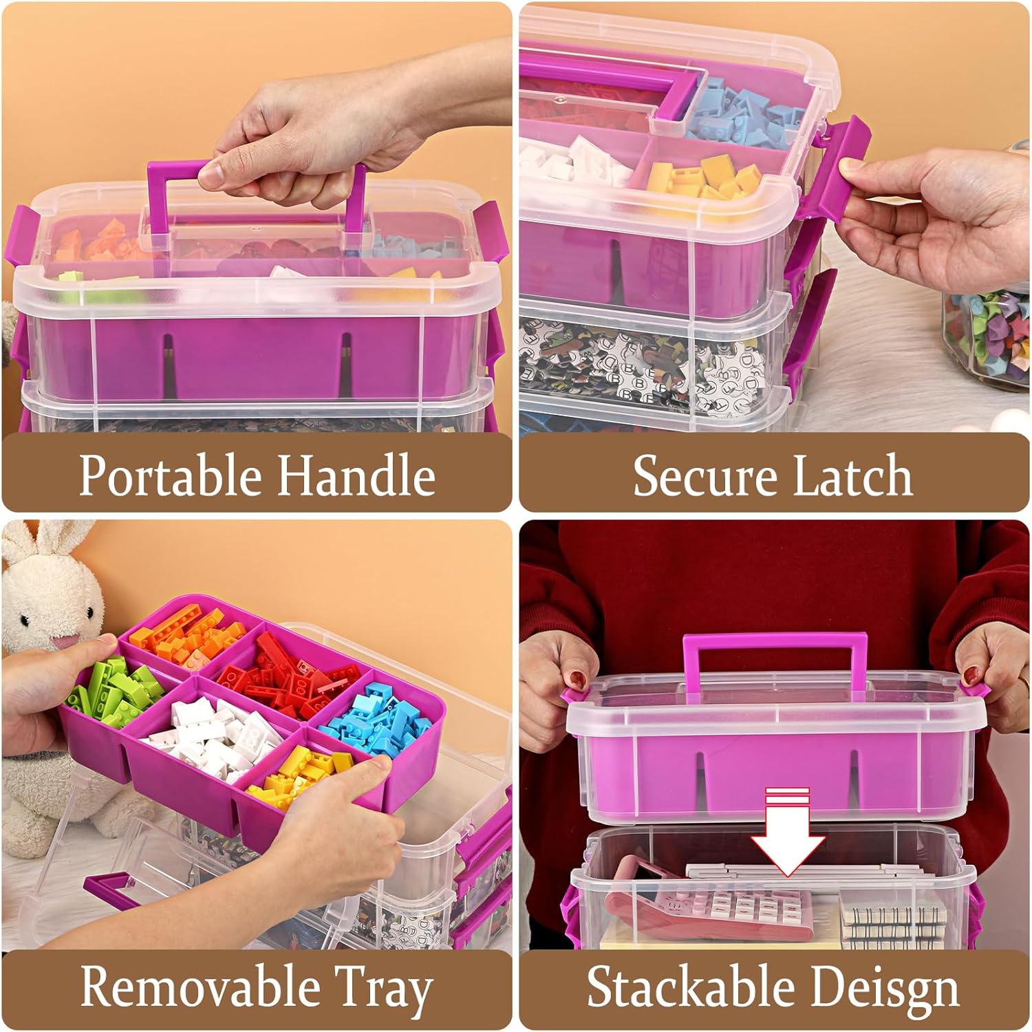BTSKY 3-Layer Plastic Craft Storage Container with Removable Tray, Stackable Art & Craft Supply Storage Organizer Multipurpose Portable Sewing Box for Bead, Tool, Office Supplies (Purple-2 Pack) Purple 2 Pack image 5 of 8 B0DQTQM83Q