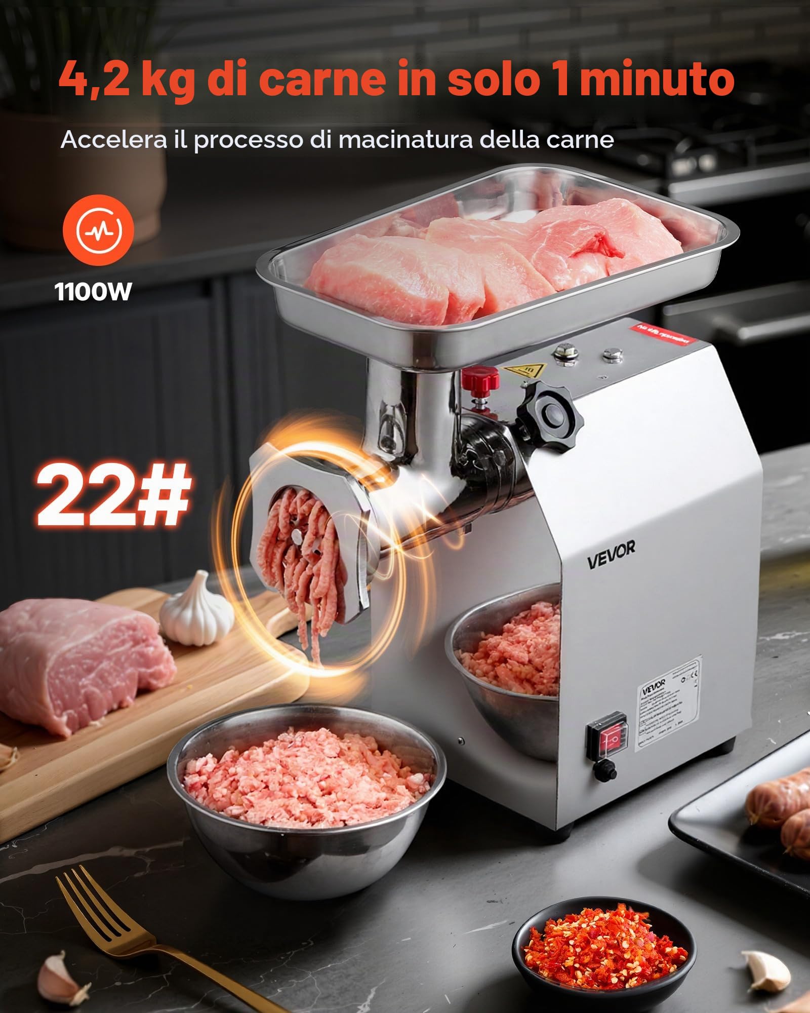 VEVOR Tritacarne Elettrico Capacità 4,17 kg/min, Tritacarne da Tavolo da 1100 W con Lama Piastra di Macinazione, Macchina per Salsicce Commerciale in Acciaio Inox per Cucina Ristorante Hotel