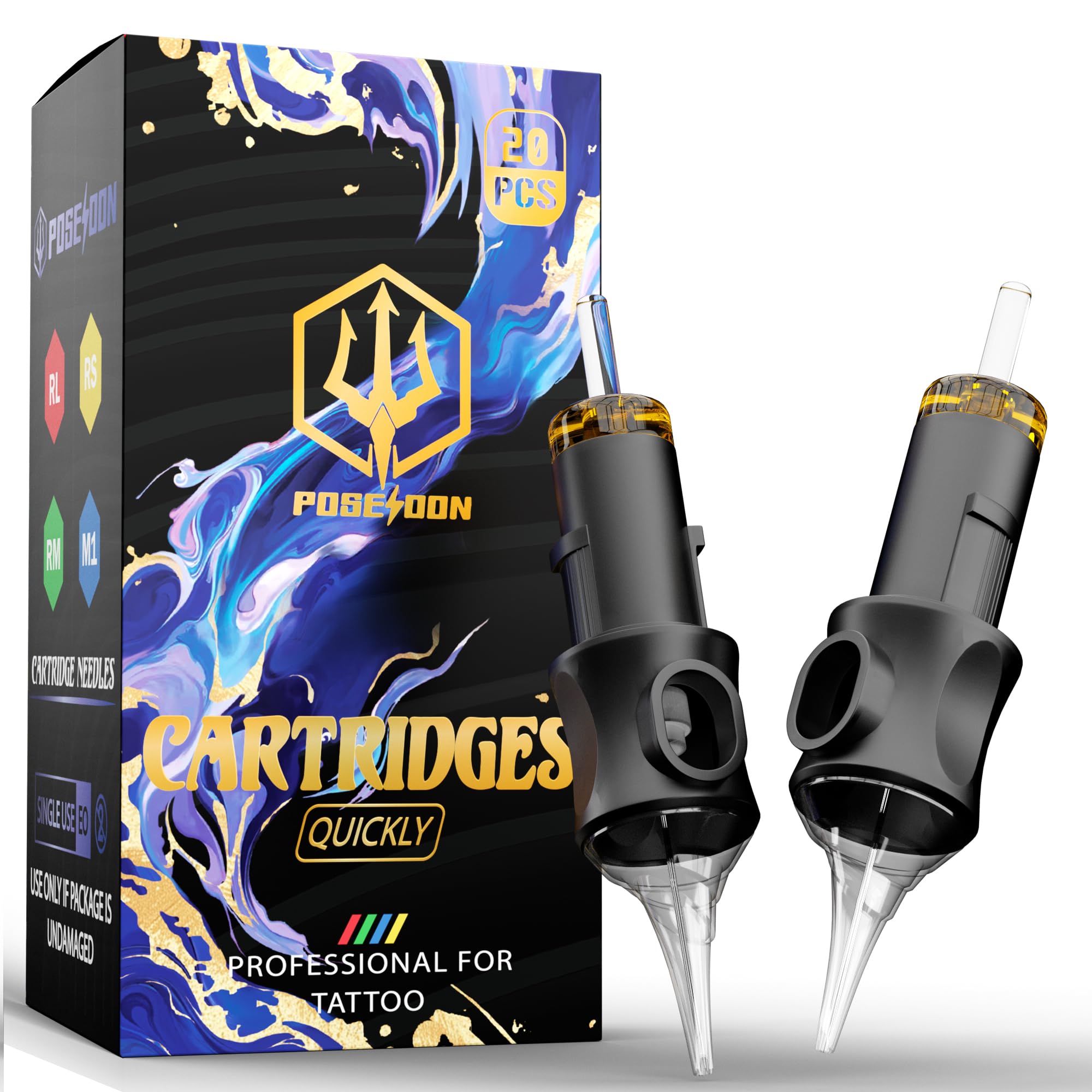 Poseidon Schwarz Professional Tattoo Needle Cartridges - Pack Of 20 7Rs Round Shader (No. 12), Stainless Steel With Ink Flow Membrane, Disposable & Suitable For All Tattoo Machines (1207Rs)