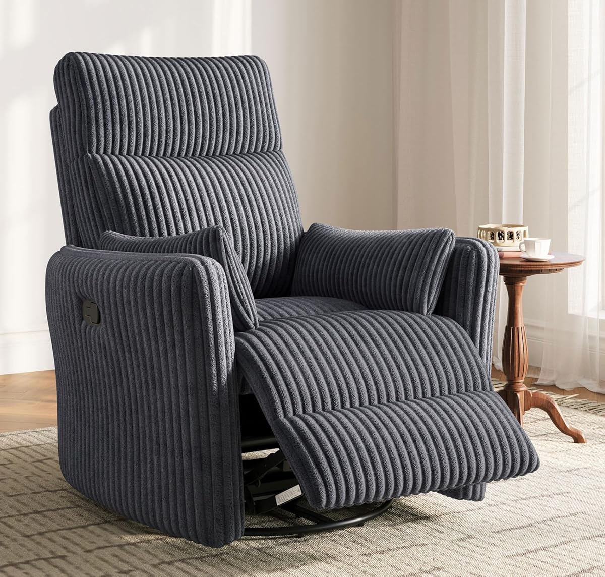 LINSY 360 Swivel Nursery Recliner - Corduroy Glider Rocking Chair with 2 Pillows, Comfy High Back Adult Recliner for Small Spaces, Nursery Bedroom Living Room Reclining Chairs, Grey