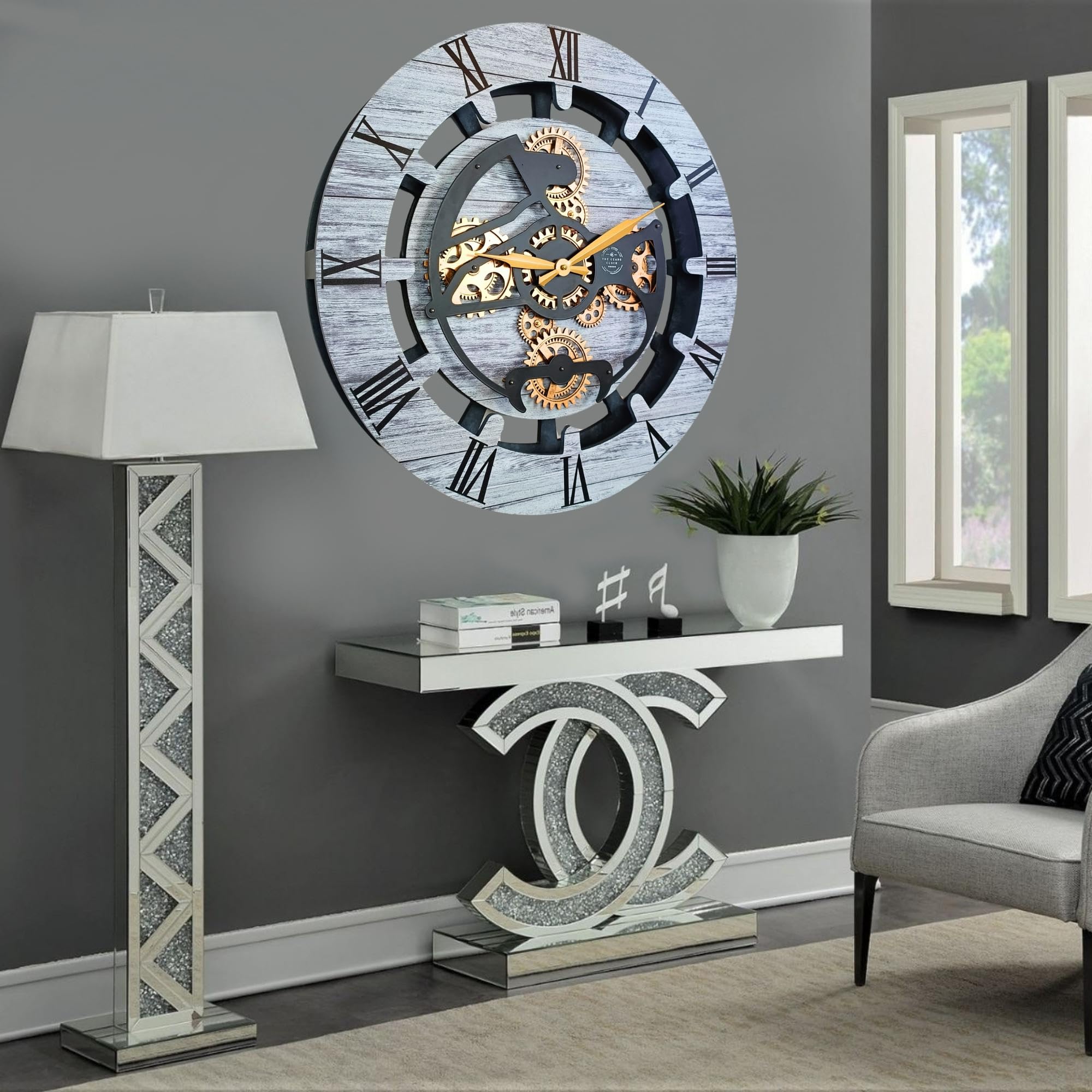 THE GEARS CLOCK Wanduhr mit echten beweglichen Zahnrädern Canada Line 60 cm rund (Silbergrau, 60 cm)