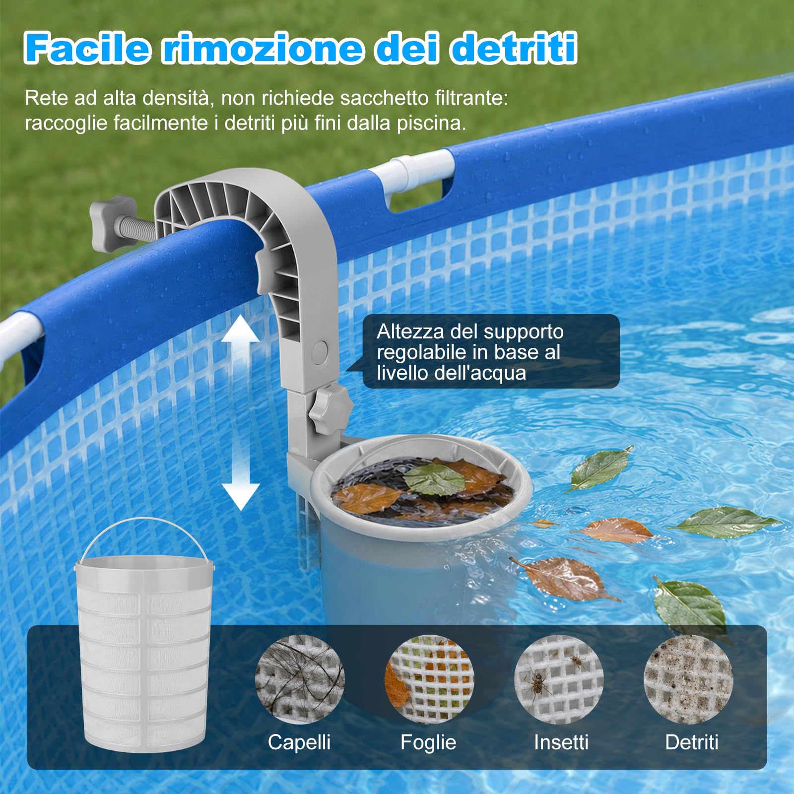 Skimmer per piscina, skimmer regolabile in altezza, montaggio a parete con cestello filtro, setaccio fine, nessuna sostituzione del filtro, skimmer per piscine aperte e con cuscino d'aria, con