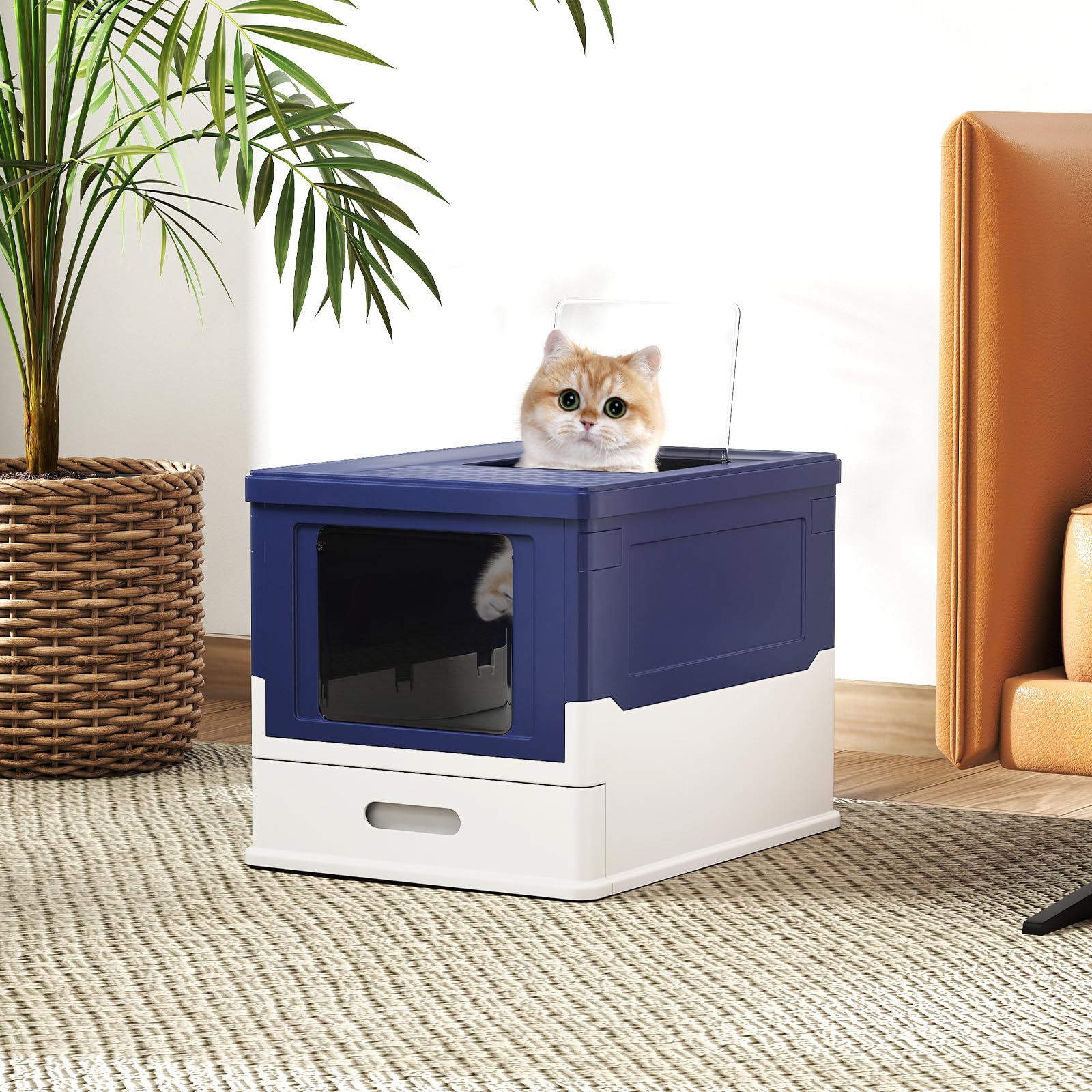 COSTWAY Lettiera per Gatti Pieghevole, Toilette per Gatti Chiusa con Ingresso Frontale e Uscita con Coperchio Ribaltabile, Vaschetta a Cassetto per Gatti Piccoli e Medi sotto 10 kg (Blu)