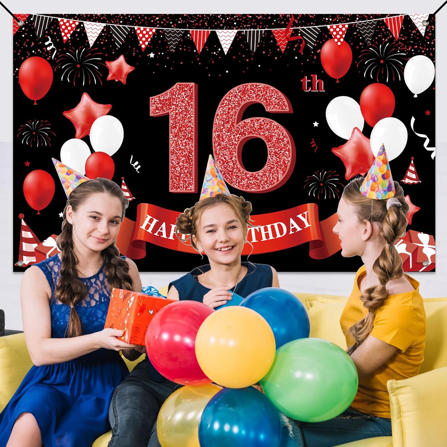 16th Birthday Decoration, Red Black 16 Year Old Banner Happy Birthday Party Photography for 16 Years