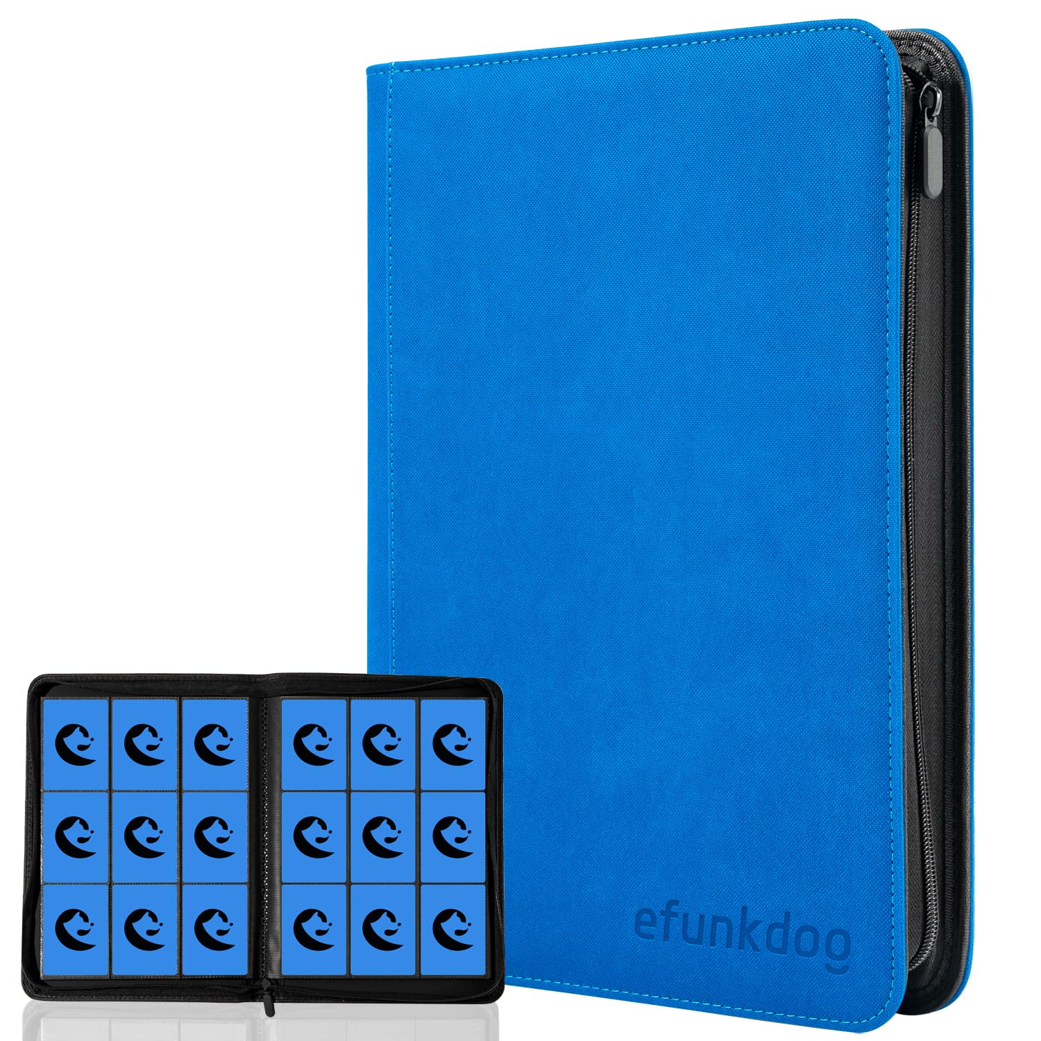 efunkdog Trading Card Binder, 9 Pockets Card Album Folder, 360 Side Loading Pocket PU Cover with Zipper Binder for TCG, Sport Cards (Blue)