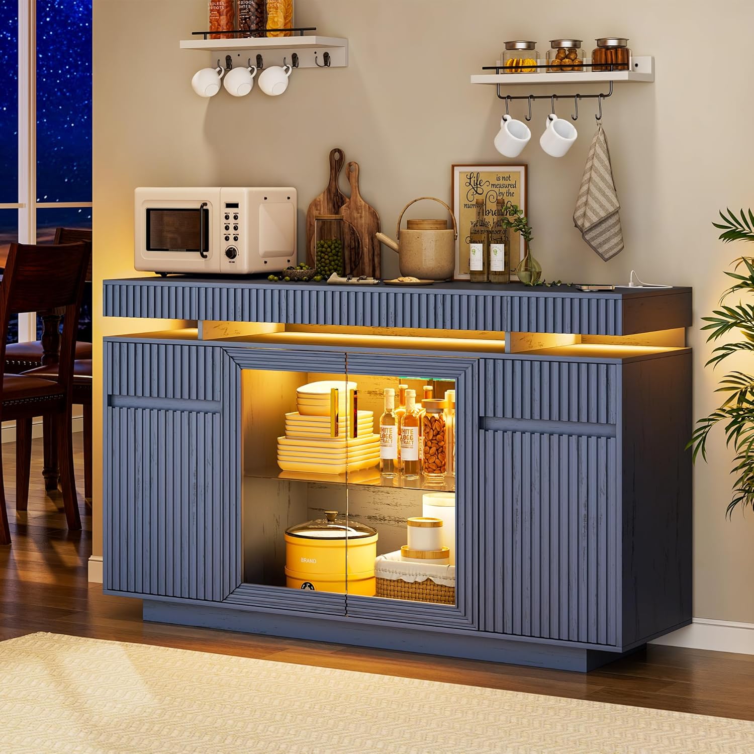 47.2" Fluted Sideboard Buffet Cabinet with Storage, Modern Buff Storage Cabinet with Drawers with Motion Sensor, Lighting, Adjustable Shelf, Coffee Bars for Kitchen Dining Room Entryway (Dark Blue)