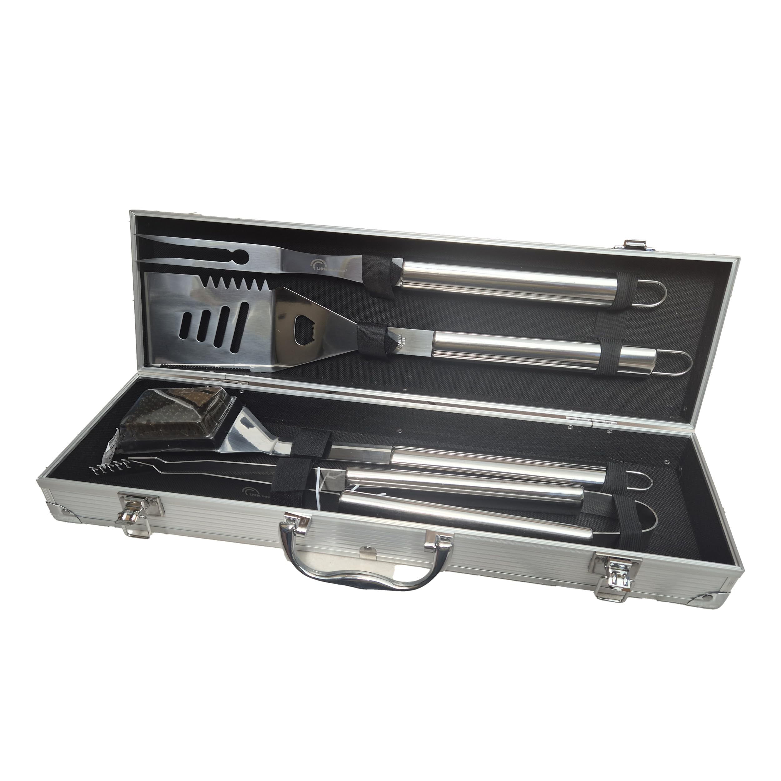 Little Balance 3081 Baroud'Fire, Kit Barbecue 4 utensili: Pinza, Forchetta, Spatola, Spazzola, per il giardino, in campeggio, escursionismo, vacanze. Set barbecue con valigetta portatile, tutto INOX