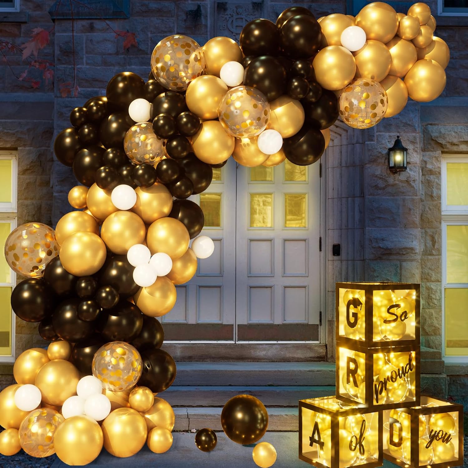2025 Graduation Party Decorations 132Pcs Black Gold Balloons Garland Arch Kit, Graduation Balloon Boxes with Light Strings for College High School Grad Party Supplies