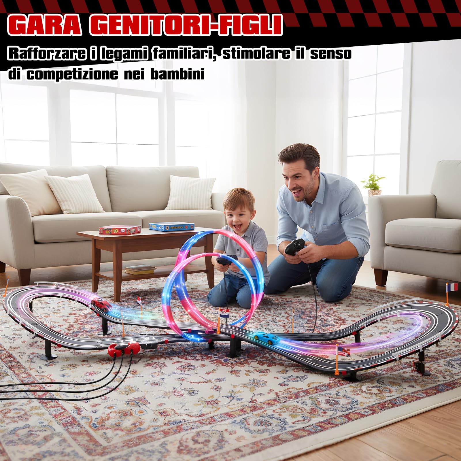 Piste Corsa Elettriche, Illuminato Pista Macchinine Piste Auto Bambini - 4 LED Macchine, Spina, 360° Cerchio, Comandi, Contatore, Piste Corsa Bambini 3 4 5 6 7 8 Anni Giocattoli Regali (L)
