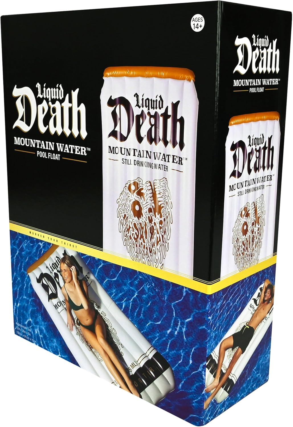 Liquid Death Pool Float – Extra Large Inflatable Floatie for Pool, Beach & Lake, Durable Vinyl, 6 Feet Tall for Lounging