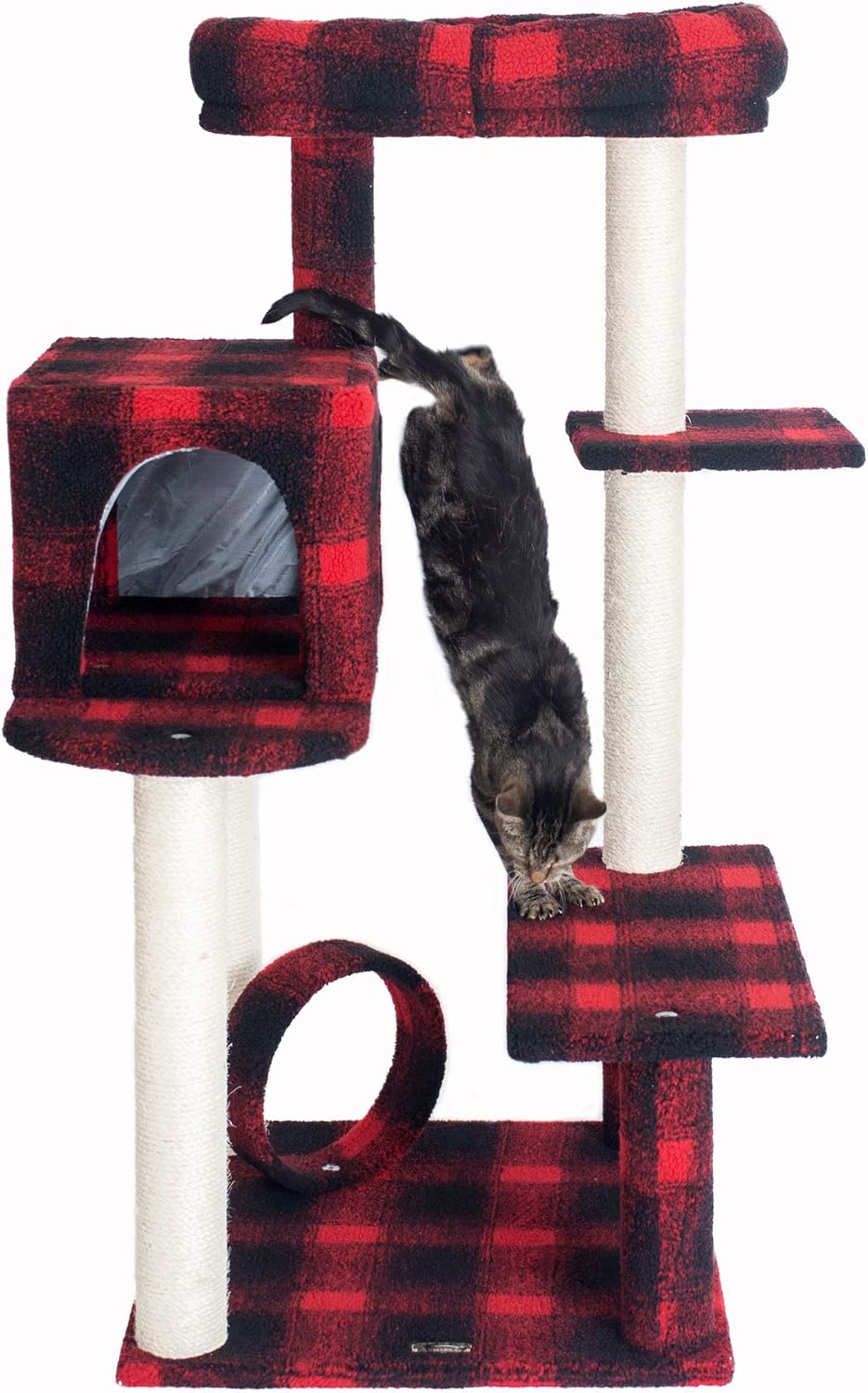review Armarkat Model B5008 50-inch Real Wood Cat Tree with Veranda, Bench, Mini Perch, and Spacious Lounger in Scotch Plaid, Black/Red, 31