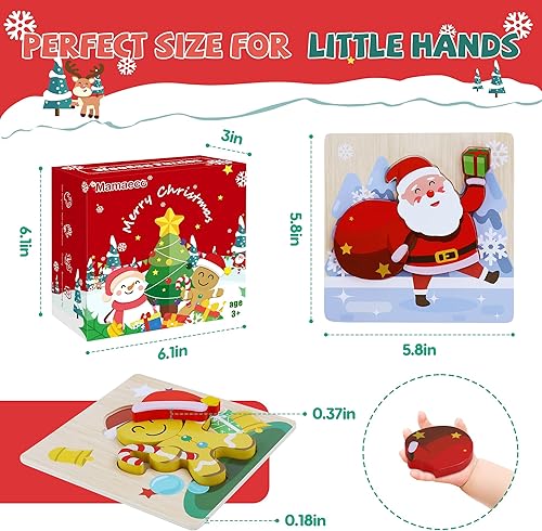 Miniatura 7 de Mamaeco Paquete de 6 rompecabezas de madera de Navidad para niños pequeños, rompecabezas de madera para niños, regalos de calcetines de Navidad,
