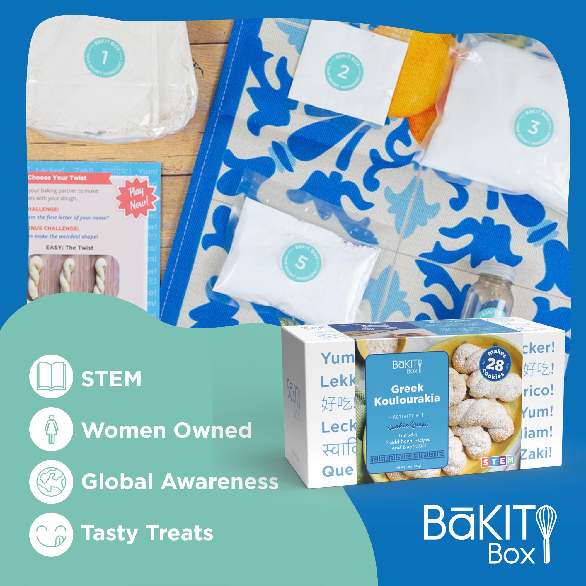 BāKIT Box Griechisches Koulourakia-Plätzchen-Set, Kinder-Backgeschenk mit gedrucktem Rezept und Aktivitätsanleitung, machen Sie griechische Twist-Kekse + Wörter und Symbole lernen
