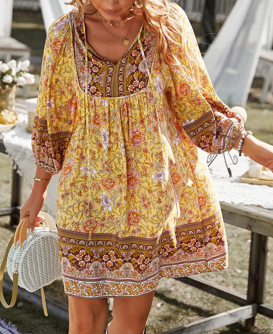 Robe d'été courte pour femme - Style bohème - Robe à fleurs - Robe trapèze