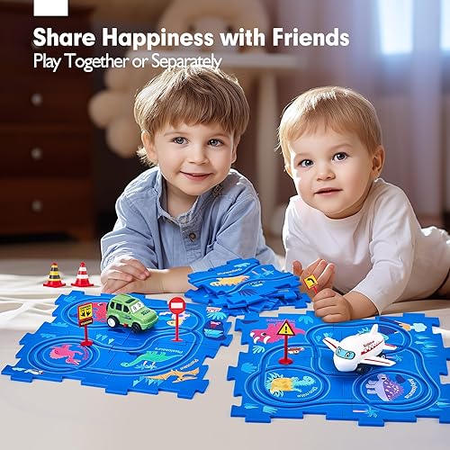 Miniatura 4 de Puzzle Racer - Juego de pistas de coche para niños de 3 años, rompecabezas de dinosaurio, juego de autos de pista para niños de 3 a 5 años con coche