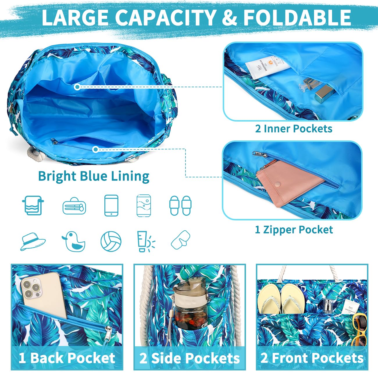 RAVUO Sac De Plage,Oversize Sac Cabas Femme Avec Fermeture Éclair Résistant À L'eau Sac Fourre Tout Léger Famille Sac De Piscine Pour La Plage,Piscine,Gymnase,Voyage