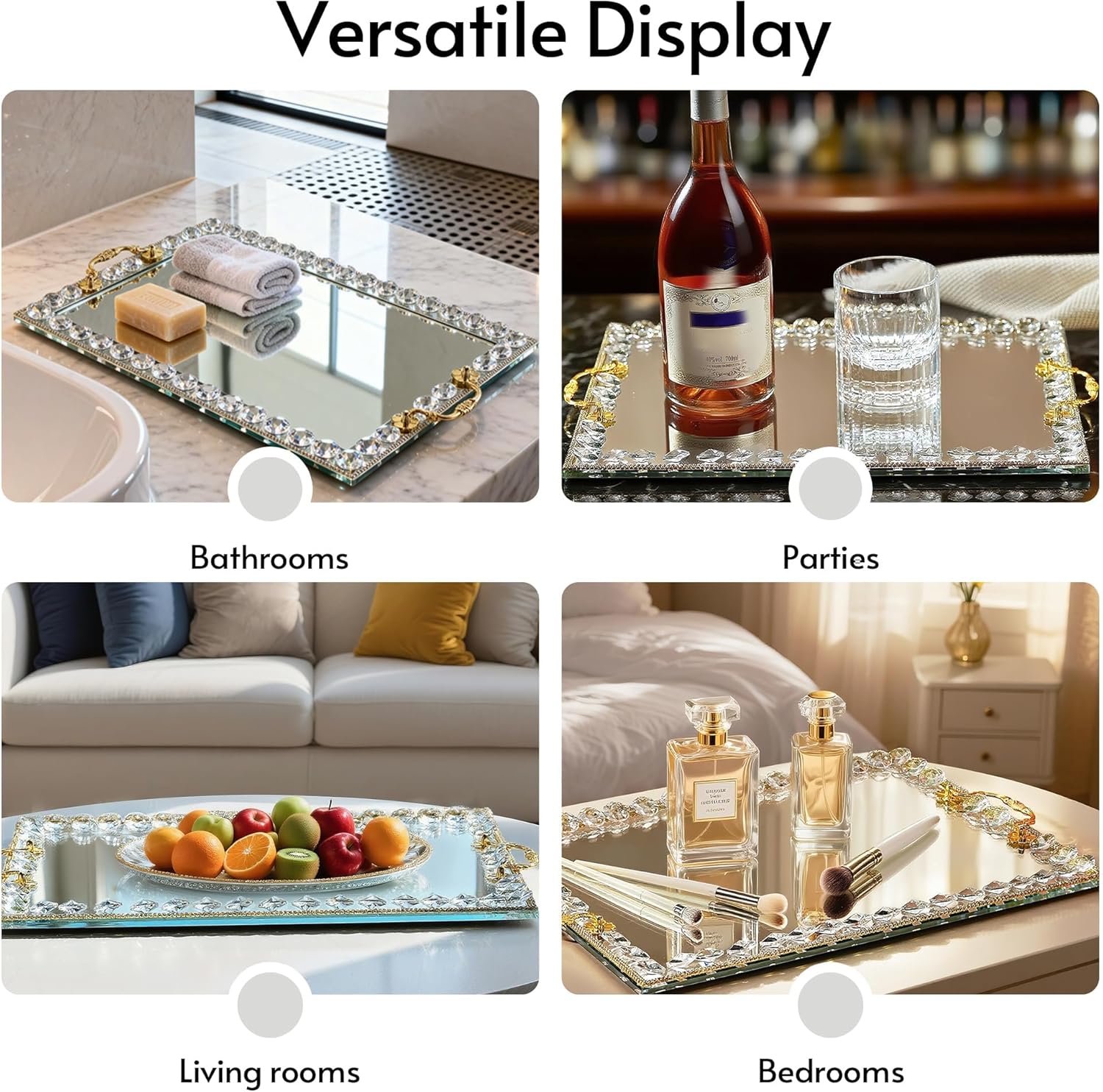 kanpura Large Crystal Tray Modern Glass Mirror Jewelry Trinket Trays with Diamond, 14.7" x 10.8" Rectangular Makeup Perfume Tray for Bathroom Bedroom, Hotel Banquet, Party (Golden)