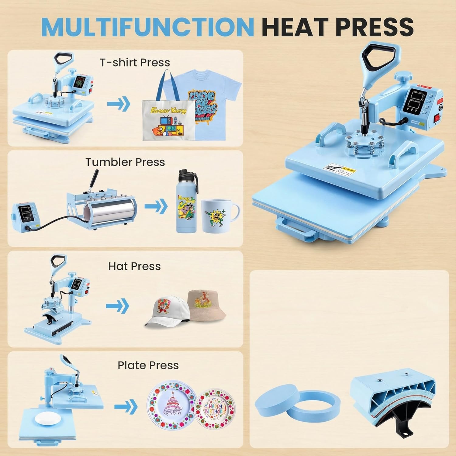 Upgrade 15x15 Heat Press, 5in1 Set Heat Press Machine with 11-30oz Tumbler/Mug/Hat Press, 360° Swing Away Digital Shirt Press, Slide Out Sublimation heatspress for Beginners (15‘’X15‘’ Blue 5in1)
