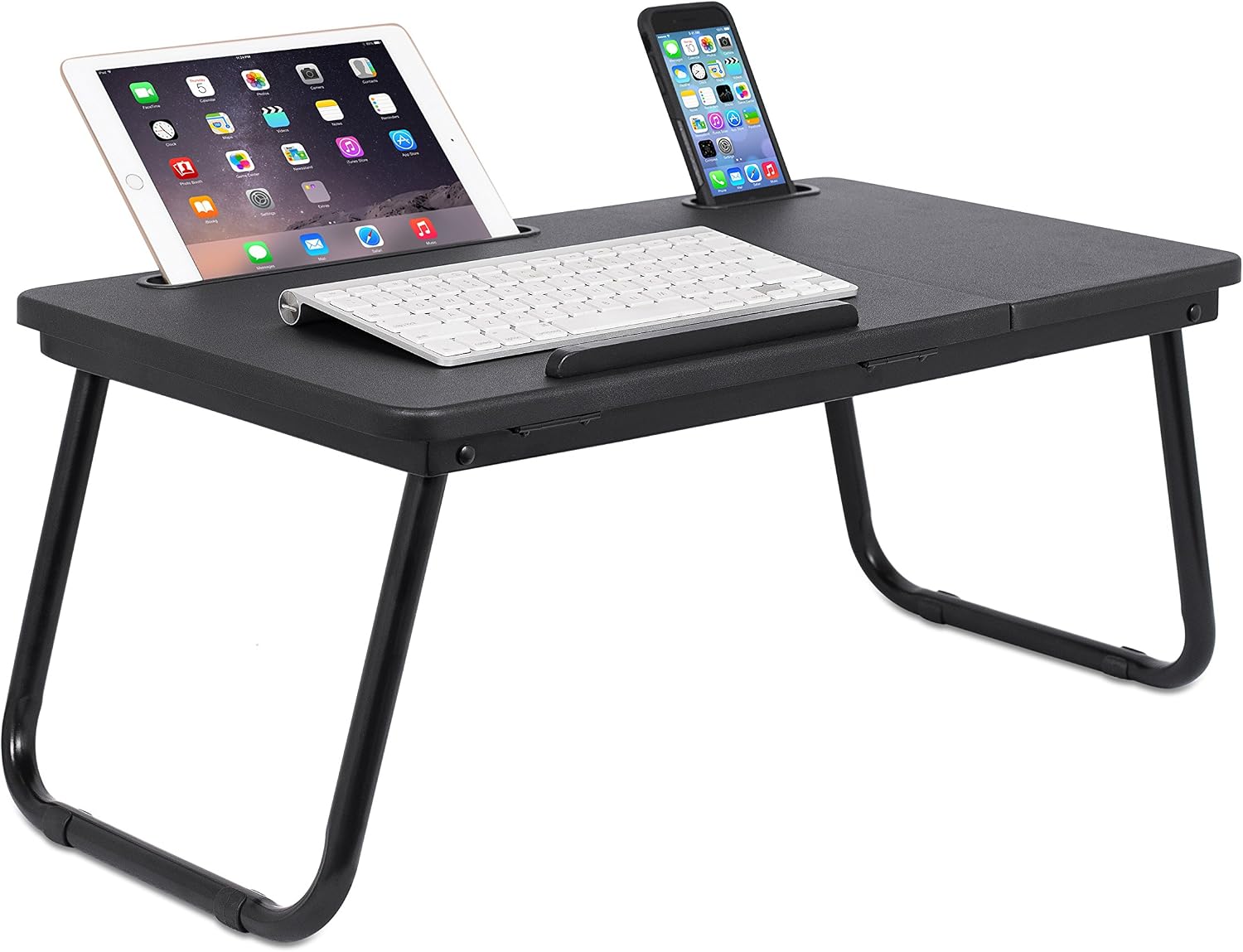 Sofia + Sam Lap Tray with Tablet & Phone Slots - Metal Folding Legs - Lap Desk with Tilting Top - Laptop Stand - Breakfast Serving Bed Tray - Black