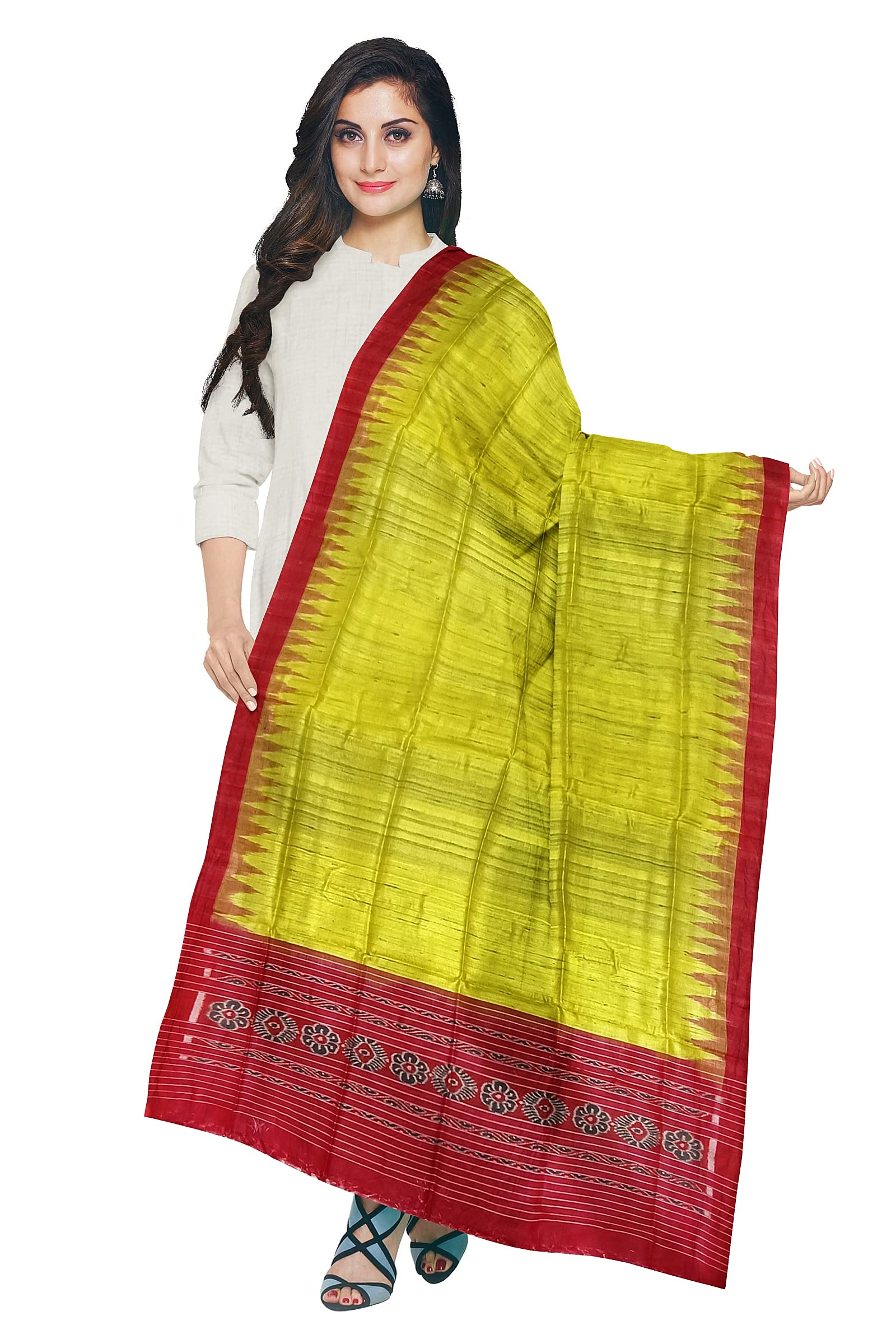 NUAPATANAPATAWomen's Solid Tussar ghicha silk Gopalpur Pure Tussar Dupatta $ with Ikat Temple Border & Ikkat Ladies Girls & Women TUS-129