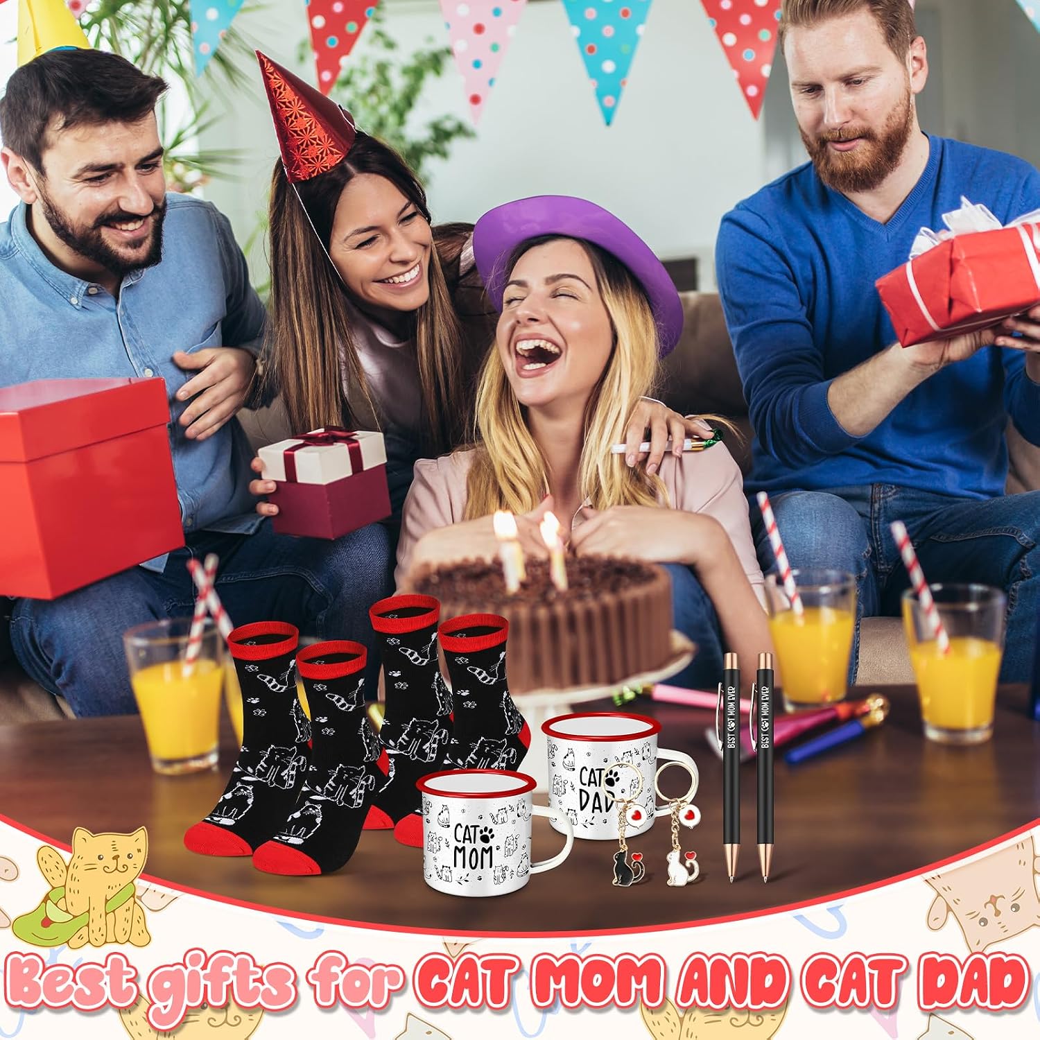 8 Pcs Cat Lover Gift Set Cat Mom and Dad Parent Gift with Mugs Socks Pens Keychains for Men Women Birthday Christmas
